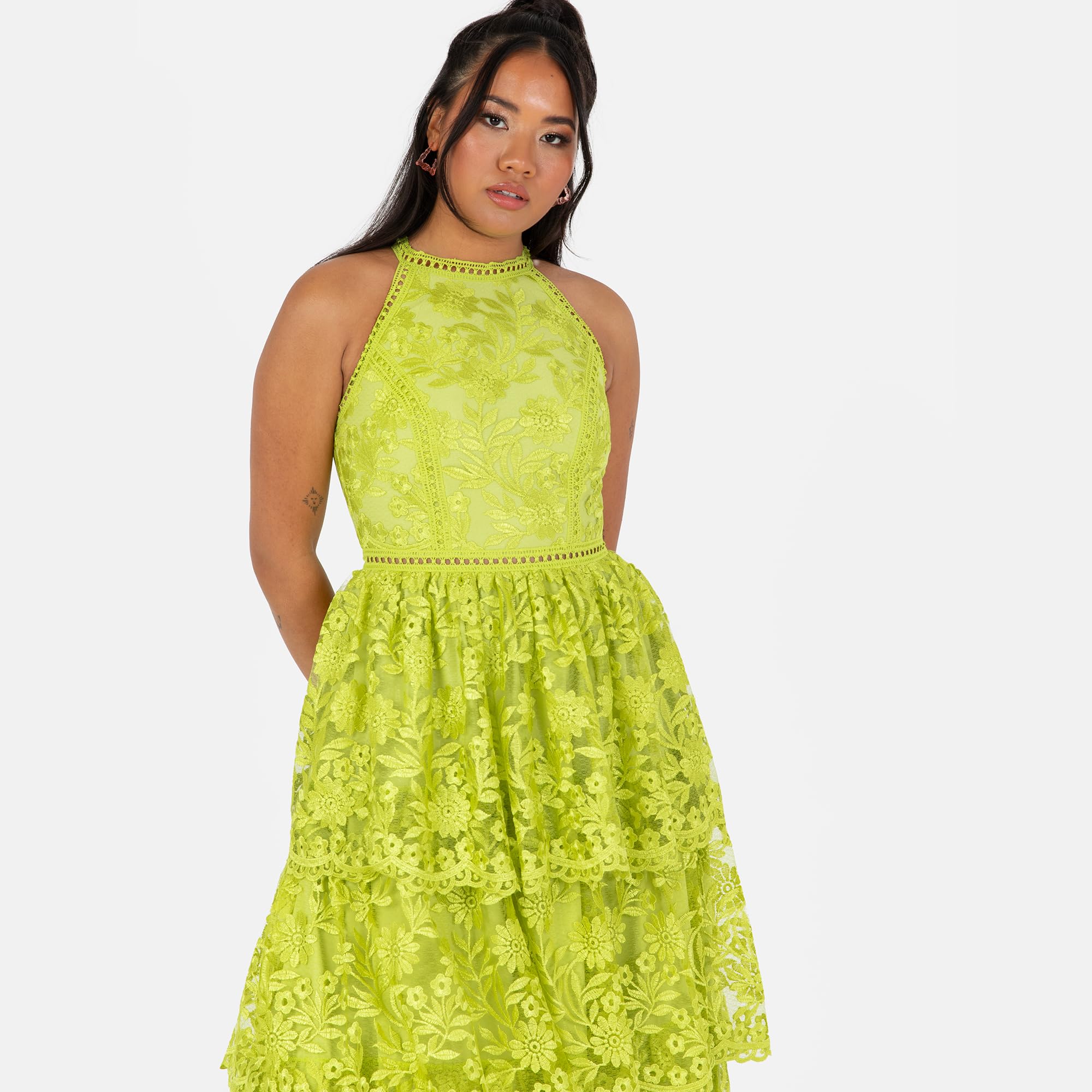 Women's Ladies Midi Dress Halterneck Sleeveless Tiered Skirt Floral Lace A-line for Wedding Guest Evening Occasion Prom