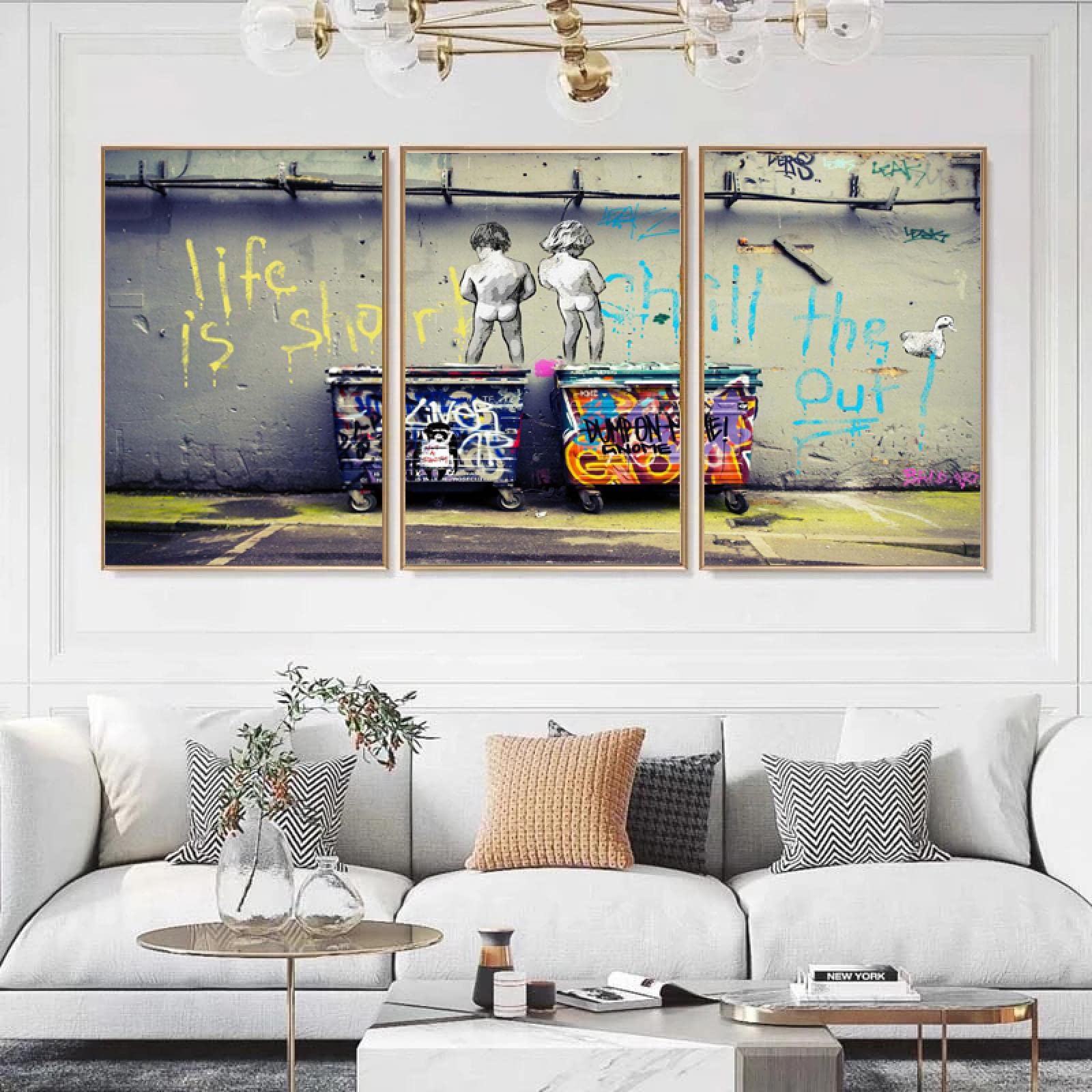 Lienzo pintado Banksy Street Art "Life Is Short Chill, Ducks Fly", carteles e imágenes impresas de graffiti en la pared, decoración del hogar, 70 x 90 cm (28 x 35in) x3, marco interior