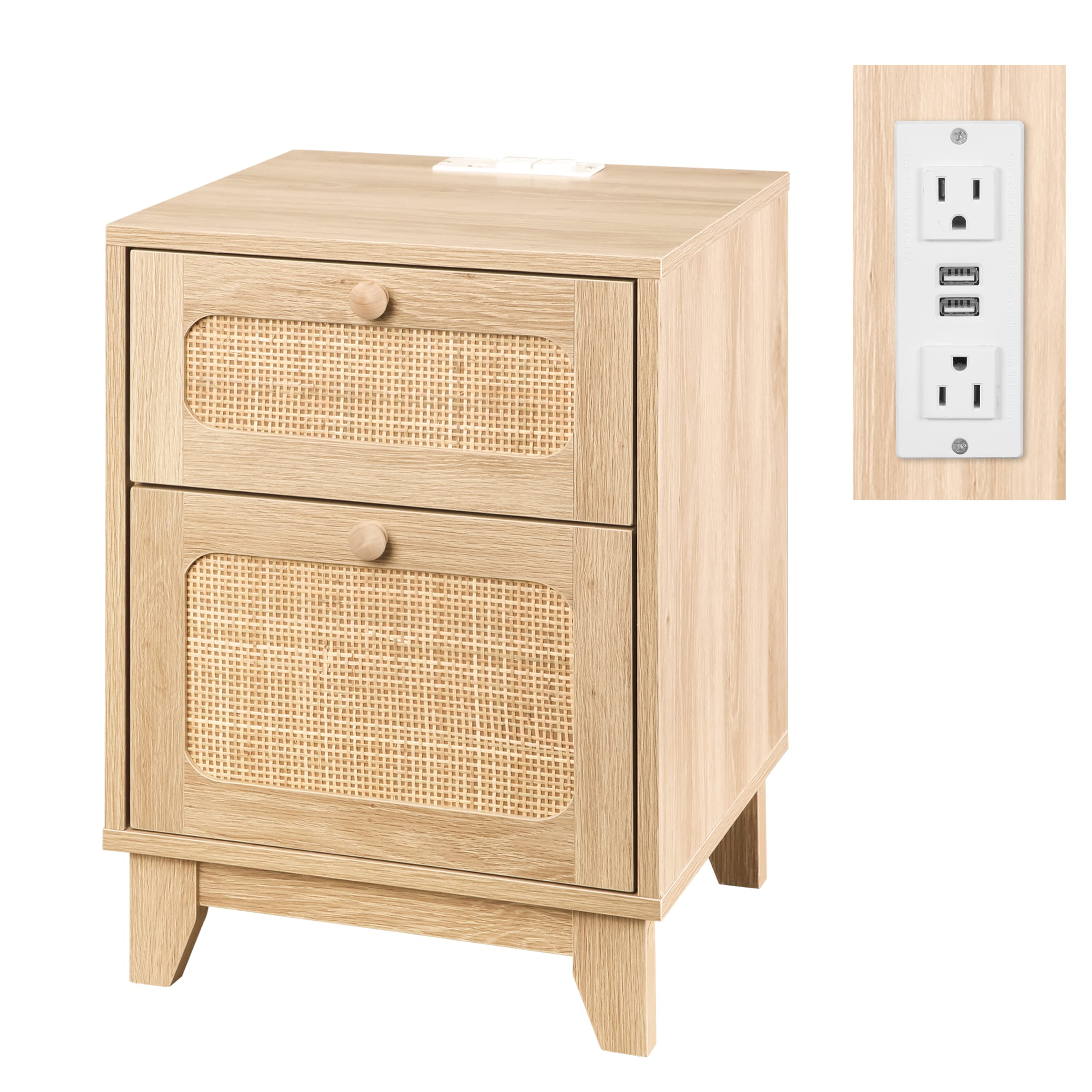 Betterhood Rattan Nightstand with Charging Station USB Ports & Power Outlets, Wooden Bedside Table End Table for Living Room and Bedroom,2 Pack