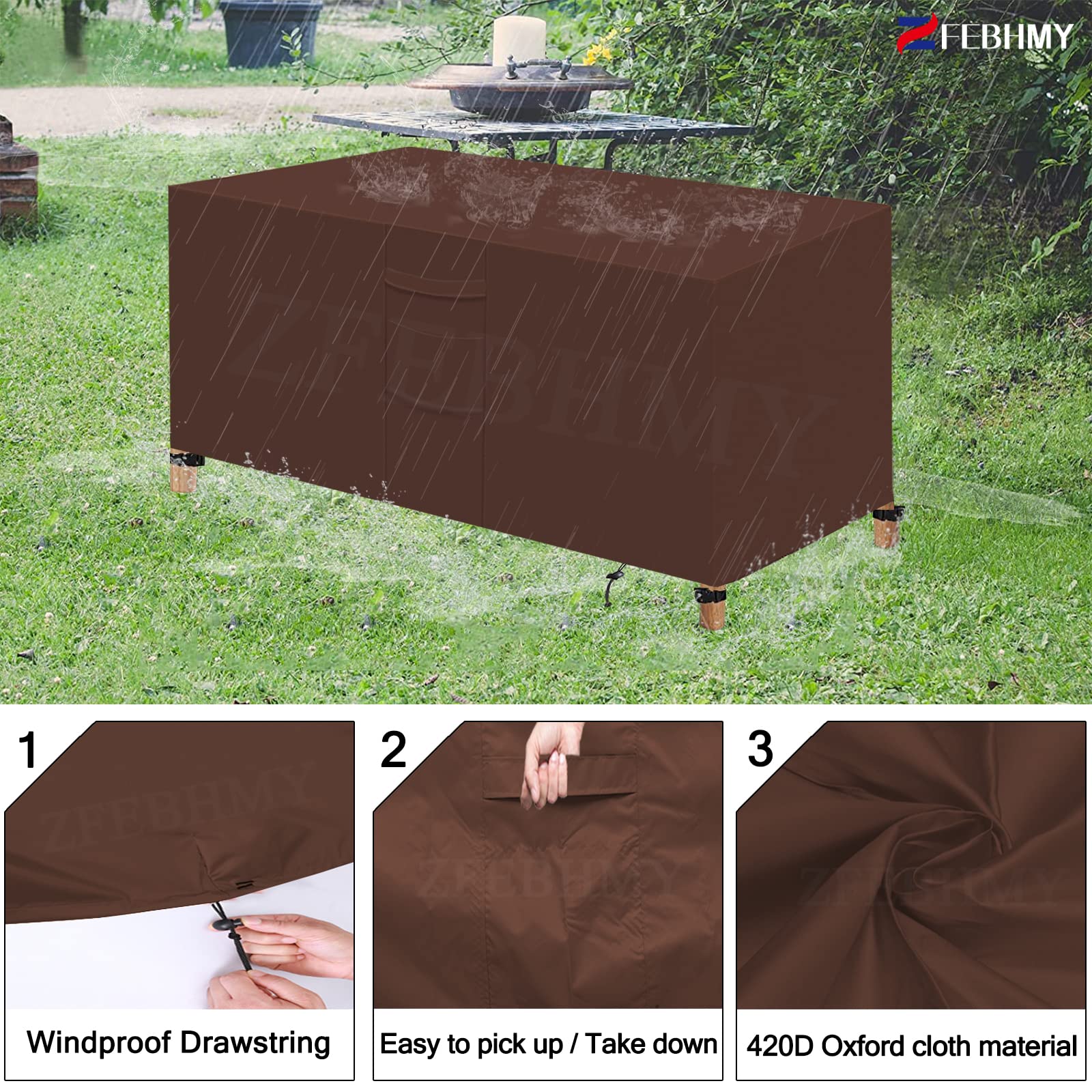 Copertura per Mobili da Giardino Tessuto 420D Oxford Rettangolare Copertura Tavolo Giardino Esterno Impermeabile,UV per Tavoli Sedie Copertura da Protezione-Brown|| 180x120x120cm(LxWxH)
