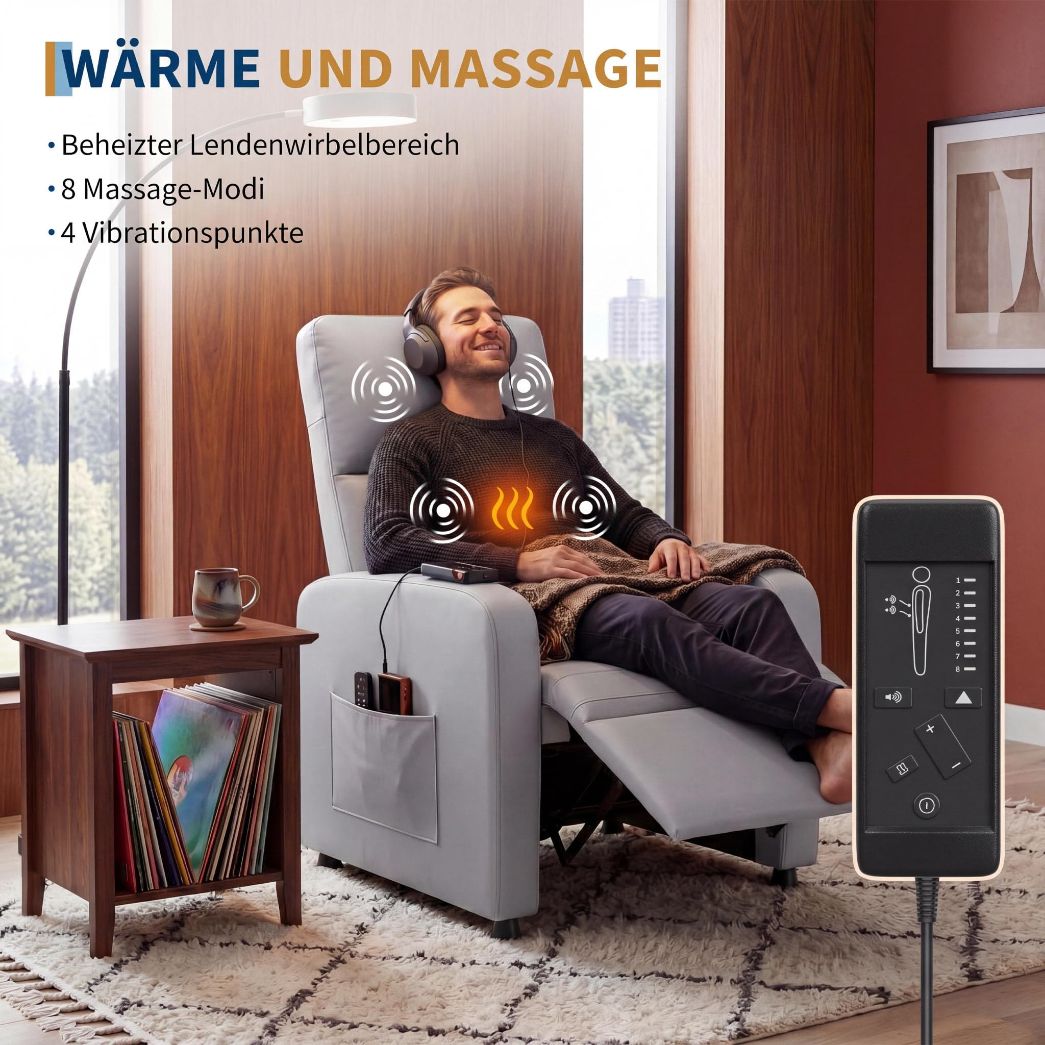 Massagesessel Elektrisch mit 8 Massagemodi, Relaxsessel mit Liegefunktion & Heizfunktion, Fernsehsessel mit Lendenstütze, USB-Anschluss & Seitentasche, Sessel für Wohnzimmer, belastbar bis 180 kg