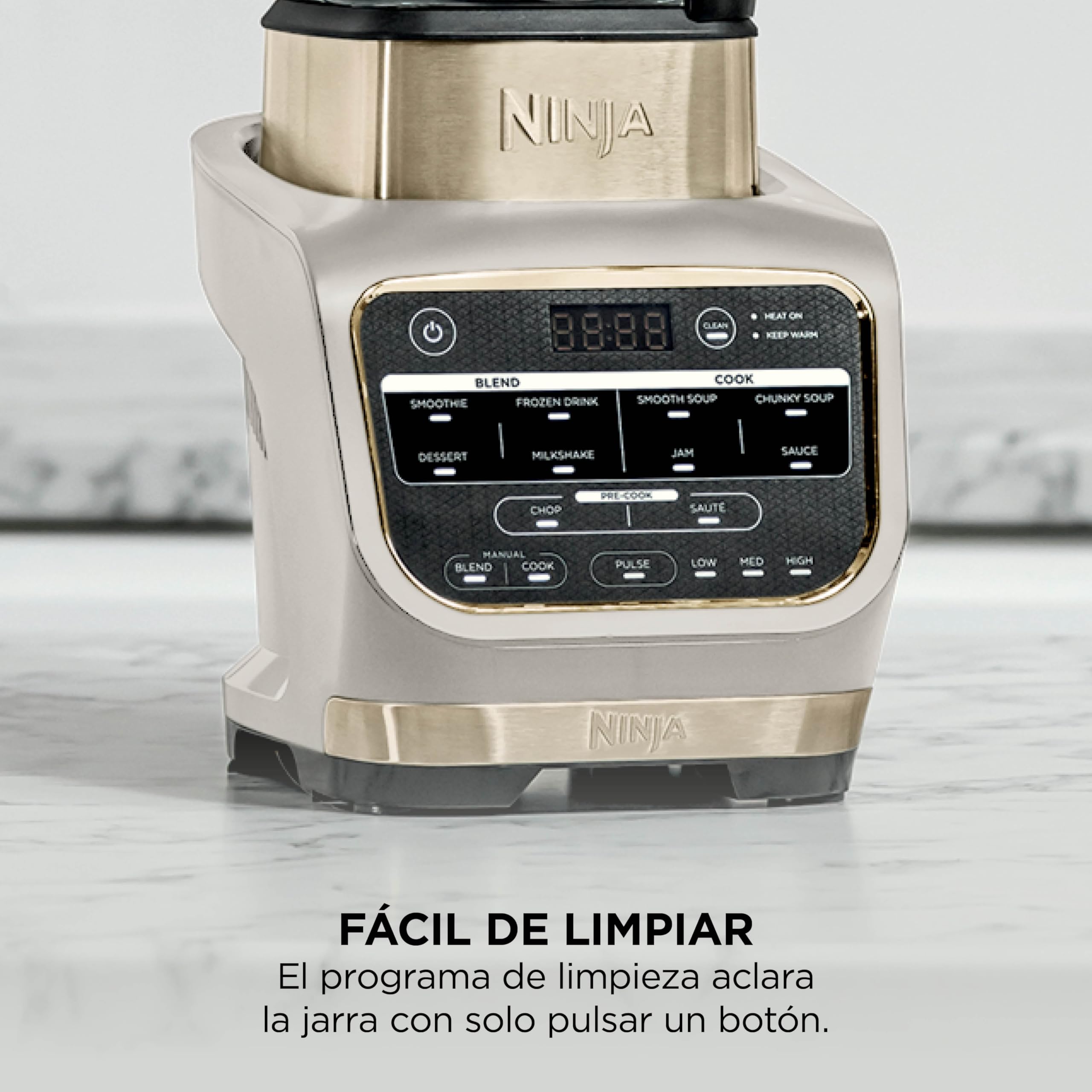 Ninja Foodi Batidora de vaso y sopera eléctrica, 1000 W, 10 programas, jarra de cristal de 1,7 l con resistencia integrada, batidora para mezclas calientes, prensador, piedra dorada, HB150EUSTGD