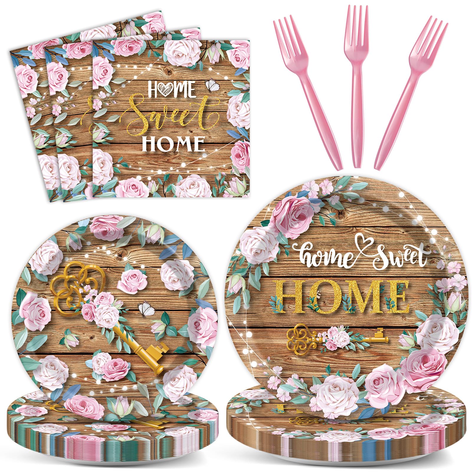 96 Pcs House Warming Decoration Party Plates Napkins Tableware Set Housewarming Paper Party Supplies Disposable Dinnerware Sweet Home Rustic Floral