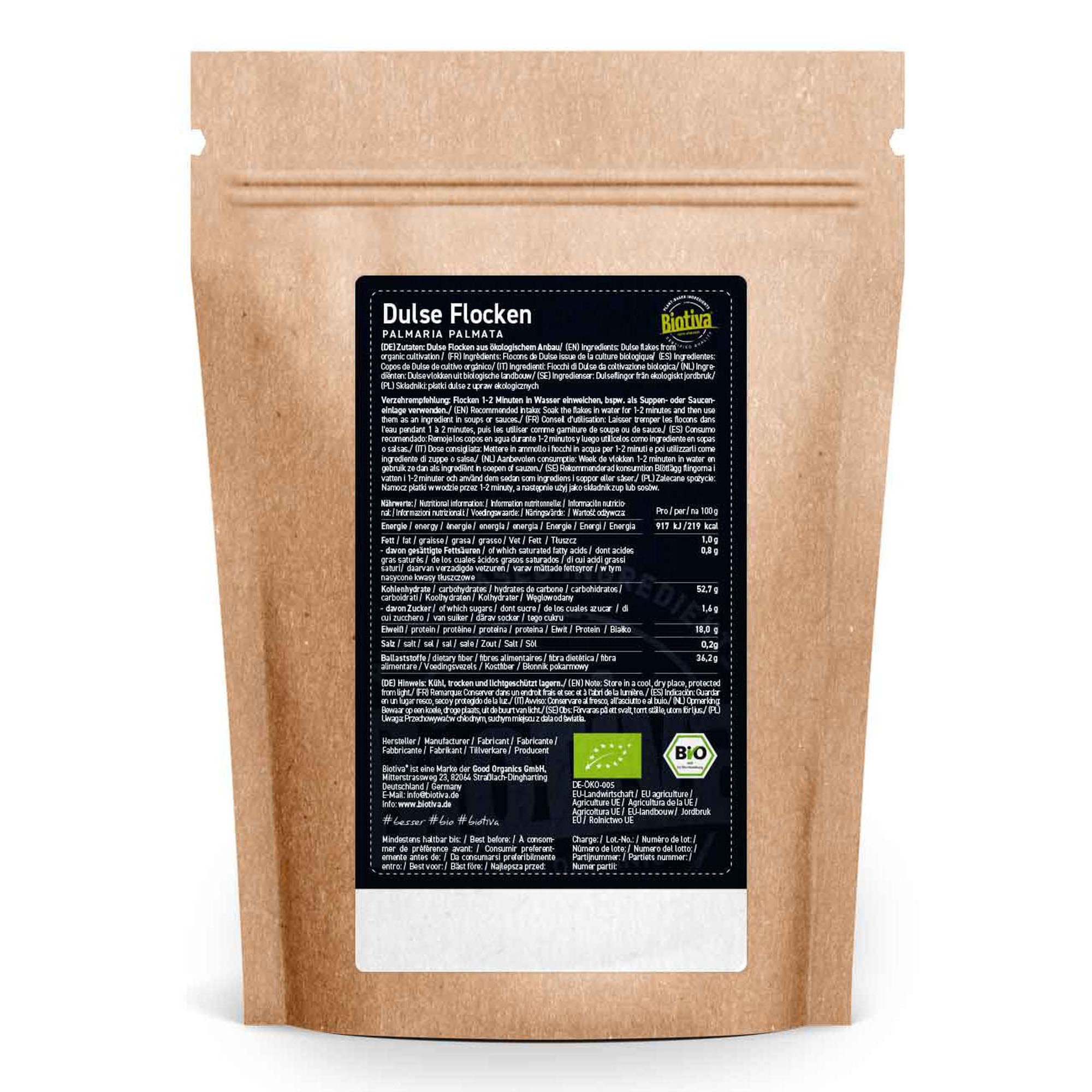 Flocons de dulse bio 100g - Palmaria Palmata - Goémon à vache - Rhodyménie palmé - Conditionné et certifié en Allemagne - Biotiva