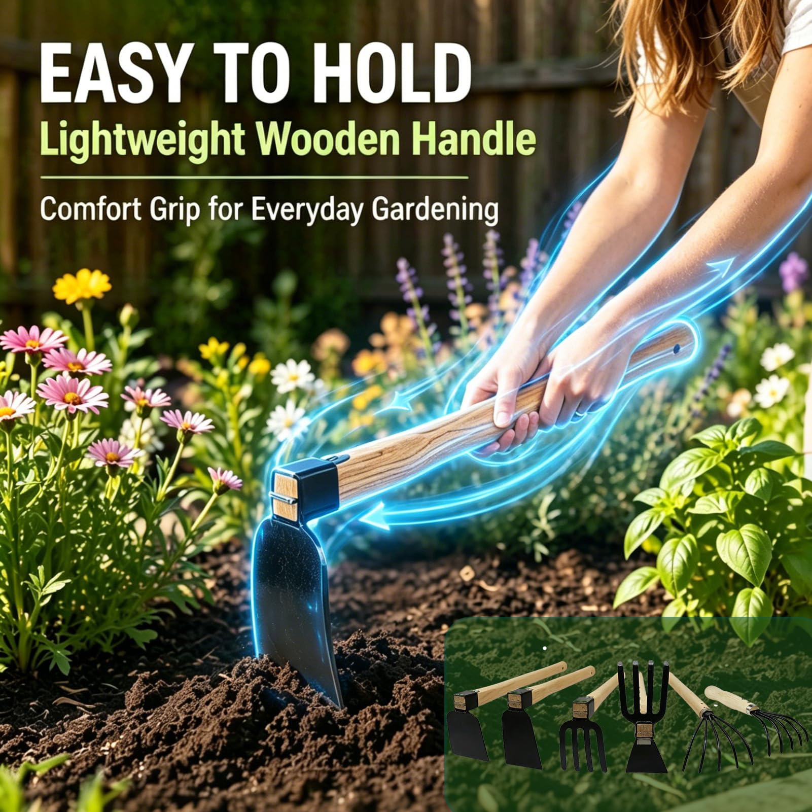 Juego de 6 azadas de jardín de mano, herramienta de deshierbe sólida, azada afilada y rastrillo de jardín cultivador con mango de madera, regalo ideal de jardinería para hombres y mujeres