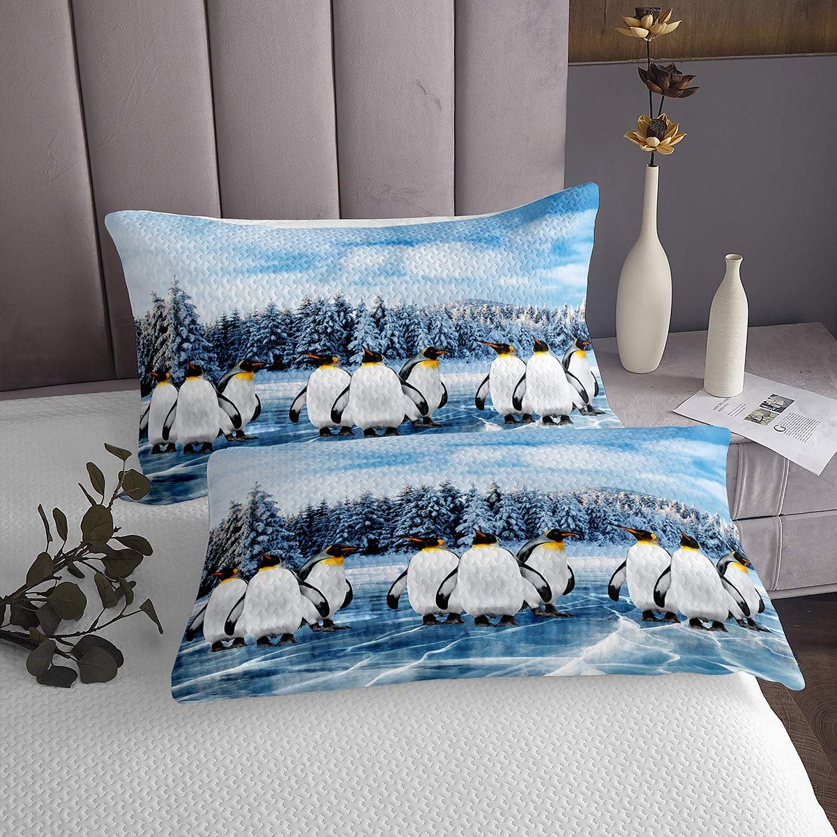 Copriletto trapuntato con motivo a pinguini motivo invernale motivo animale polare trapuntato per la da letto blu bianco natura trapuntato per letto 170X230cm