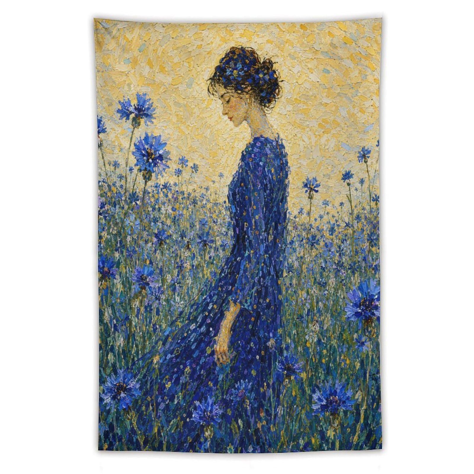 W7C8U2X3 Woman in Blue Flower Field Wall Tapestry, Impressionist Botanical