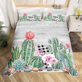 Cactus Duvet Cover Queen Cute Gnomes Bedding Set for Kids Boys Girls Vintage Watercolor Tropical Floral and Gnome Comforter Cover Rustic Wooden Board Bed Cover with 2 Pillowcases Bedroom Decor