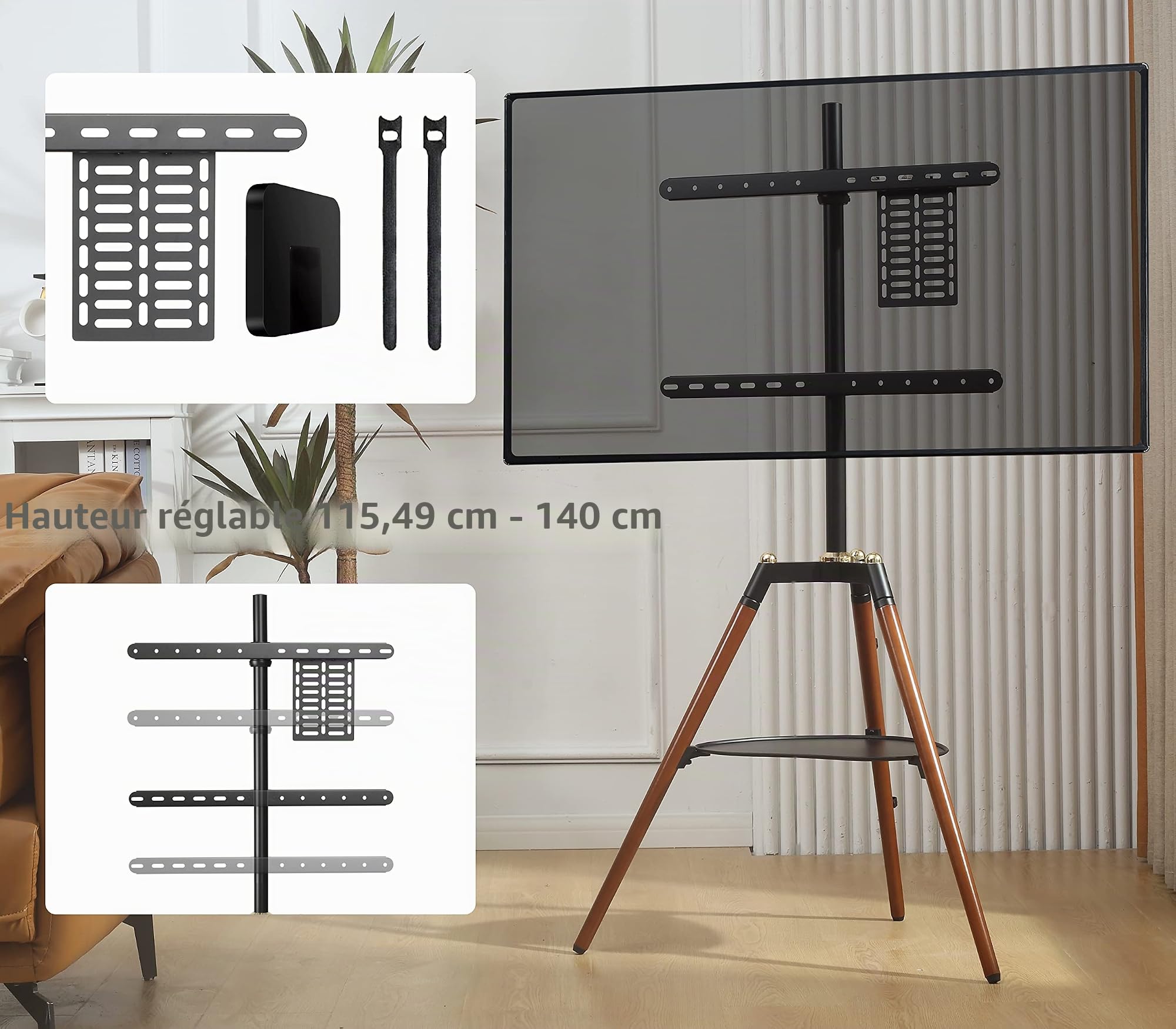 ETHU Support TV Trépied Bois 32-65" jusqu'à 40kg, Pied TV Design Scandinave Pivotant ±70° Hauteur Réglable, Support TV Chevalet Bois Marron avec Étagère Cœur, sans Percer