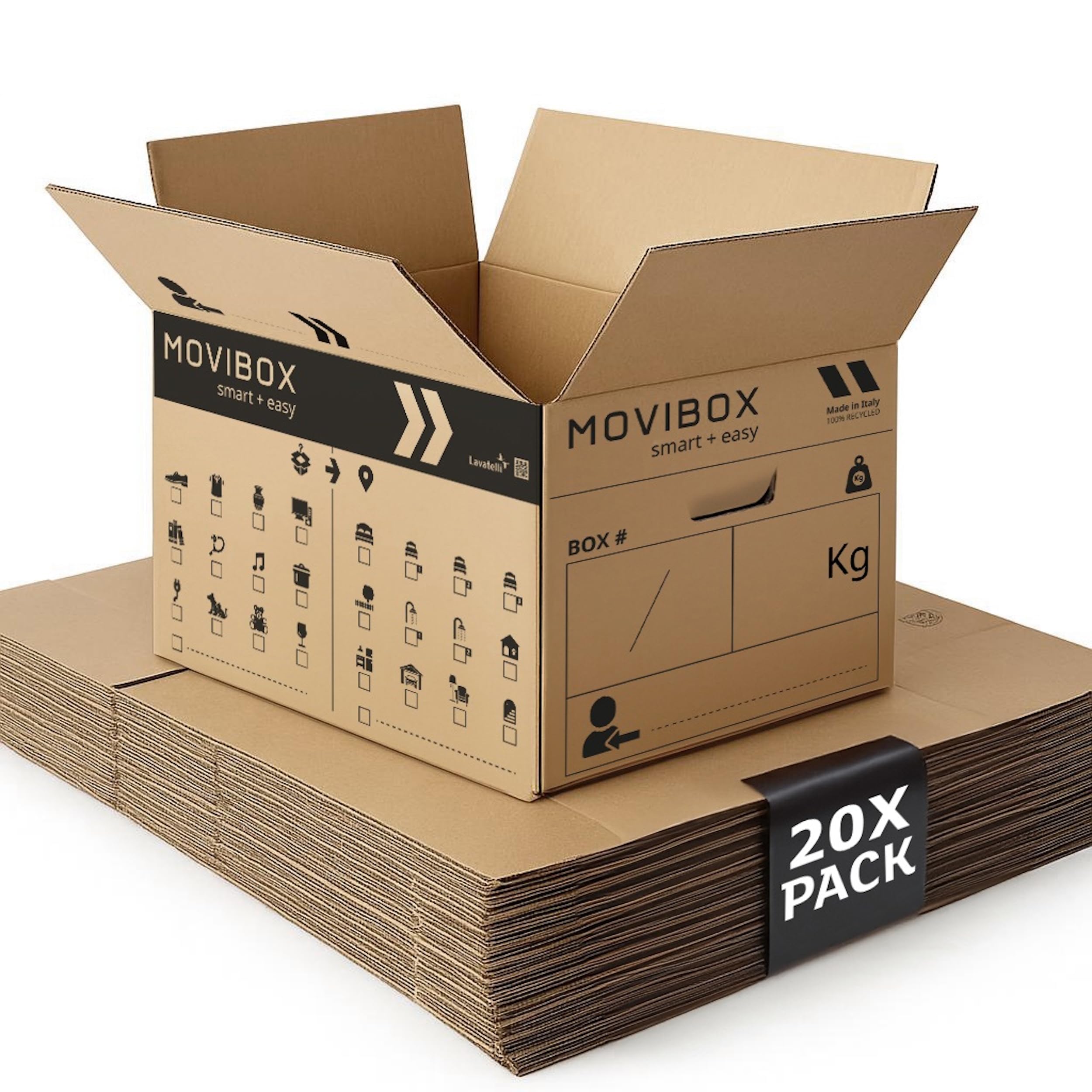Lavatelli MOVIBOX – 20 Scatole per Trasloco 50x35x35 cm misura universale – Doppia Onda robusta – Con Simboli Contenuto e Stanza destinazione, Maniglie Pre-Tagliate – Scatole di Cartone, Made in Italy