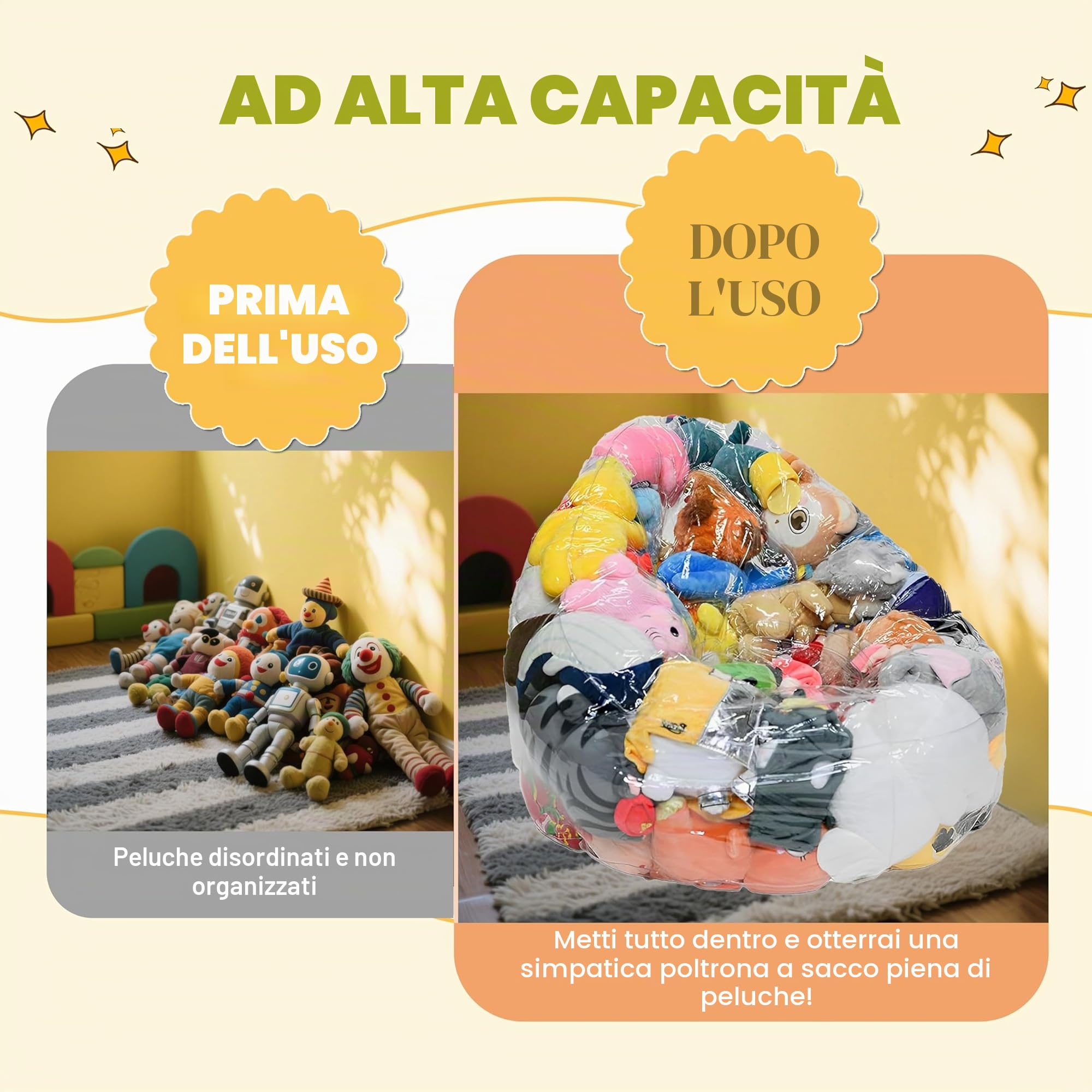 Pouf per animali di peluche, 150 l, trasparente, extra large, organizer impermeabile, facile da pulire (solo copertura, imbottitura non inclusa)