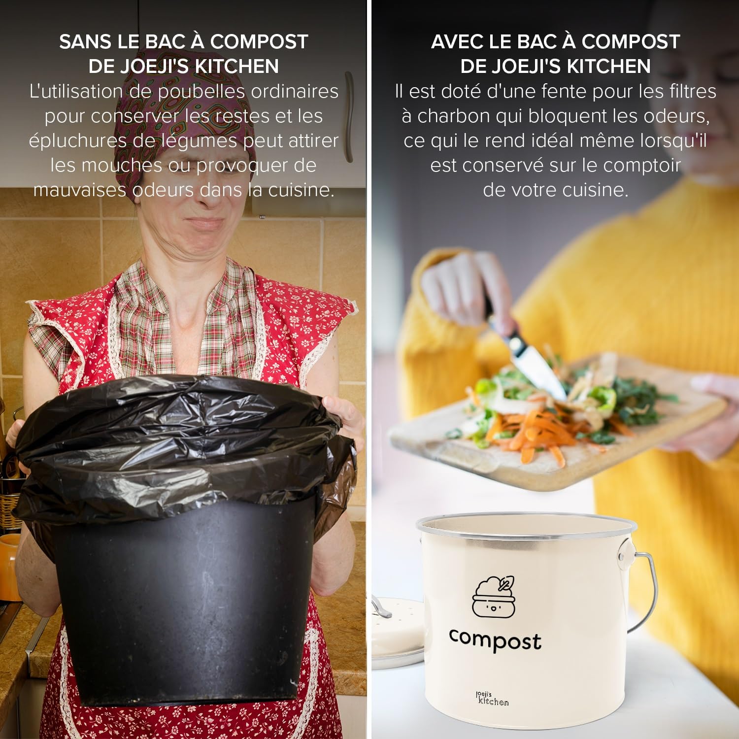 Bac à Compost 3,5 l – Compost de Cuisine Compact en Acier Galvanisé avec Filtres à Charbon