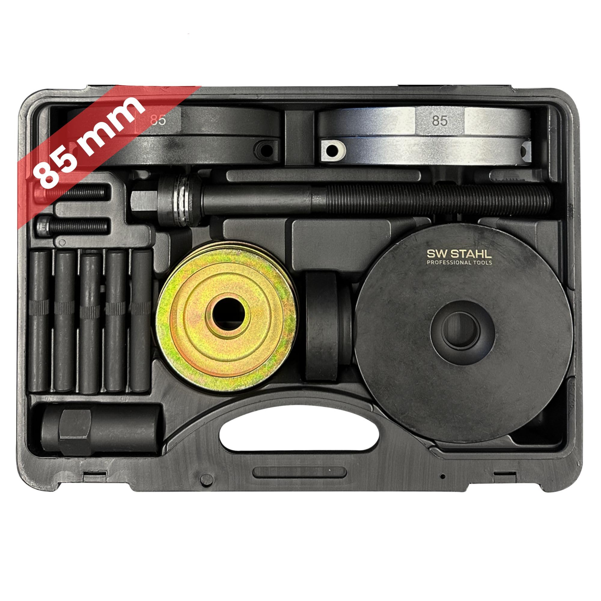 SW-Stahl 301051L Kompaktlager Werkzeugsatz - Radlager-Werkzeug Ø 85 mm | 16-teiliges Profi-Set für VW T5, T6 und Touareg - Zum Ein- und Ausbau von Lager- und Nabeneinheit an Vorder- und Hinterachse