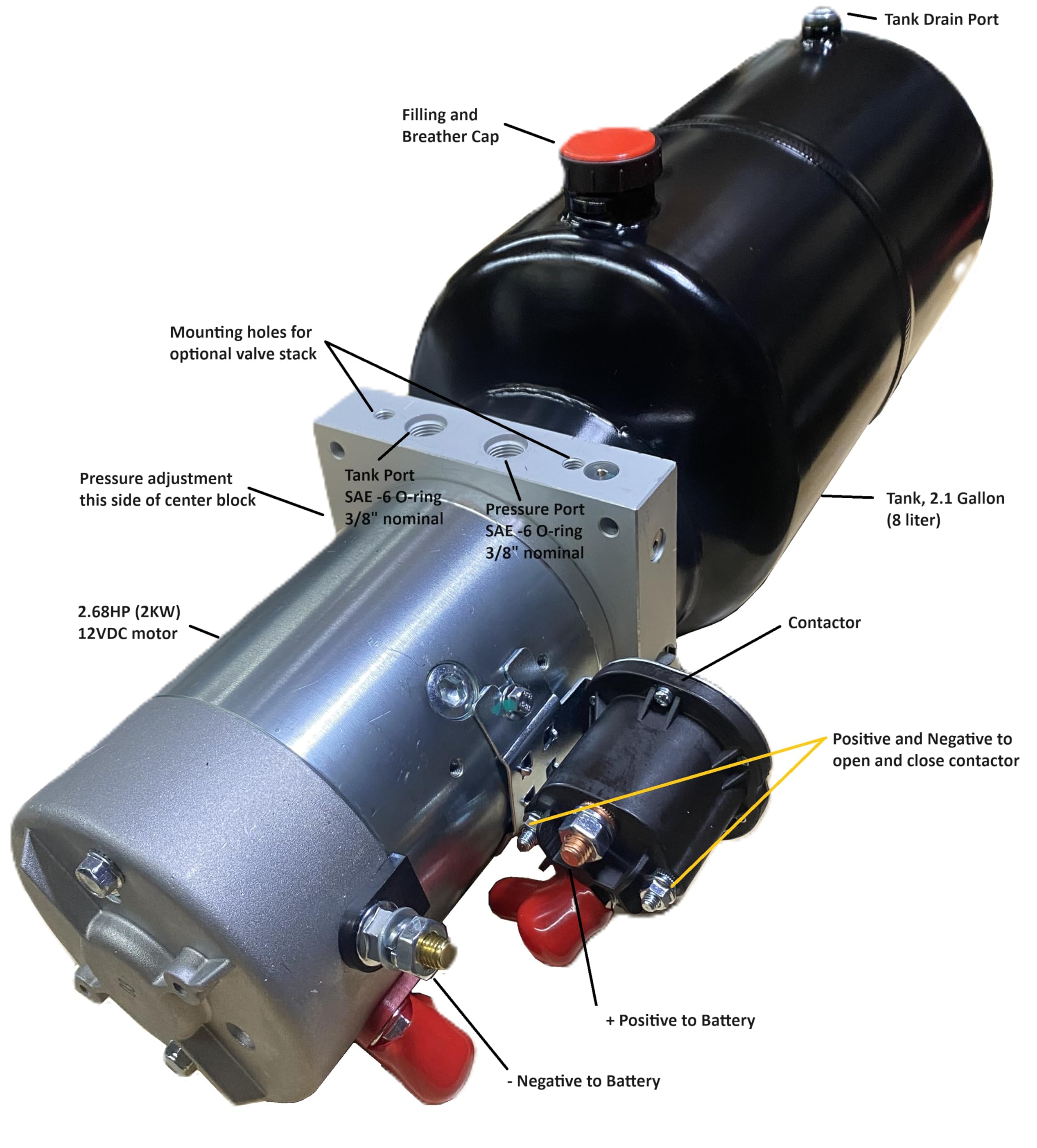 Hydraulic Power Unit 12VDC, 2.6hp 2kW, Valve mount options (2.0 GPM - 2100PSI Max., 3.1 gal. (12L))