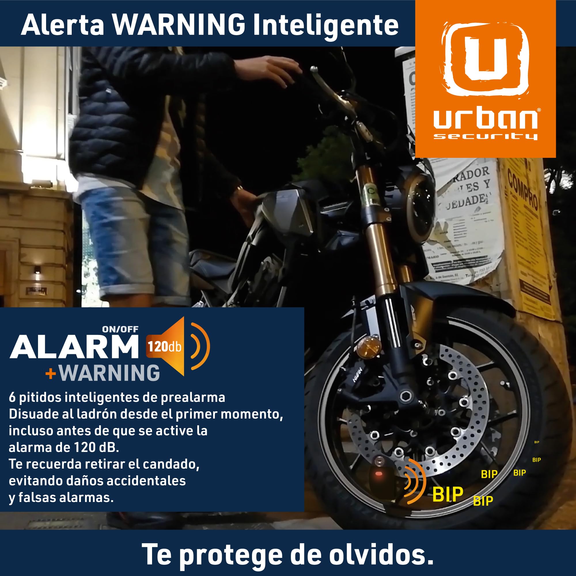 URBAN UR6B Candado Moto con Alarma Inteligente | Antirrobo Disco Más Eficaz | Hi-Tech, 120db, LED, Warning Sensibilidad A+, Pila CR2 Larga Duración, Más Impermeable, Pinza 6mm Universal Scooter Bici