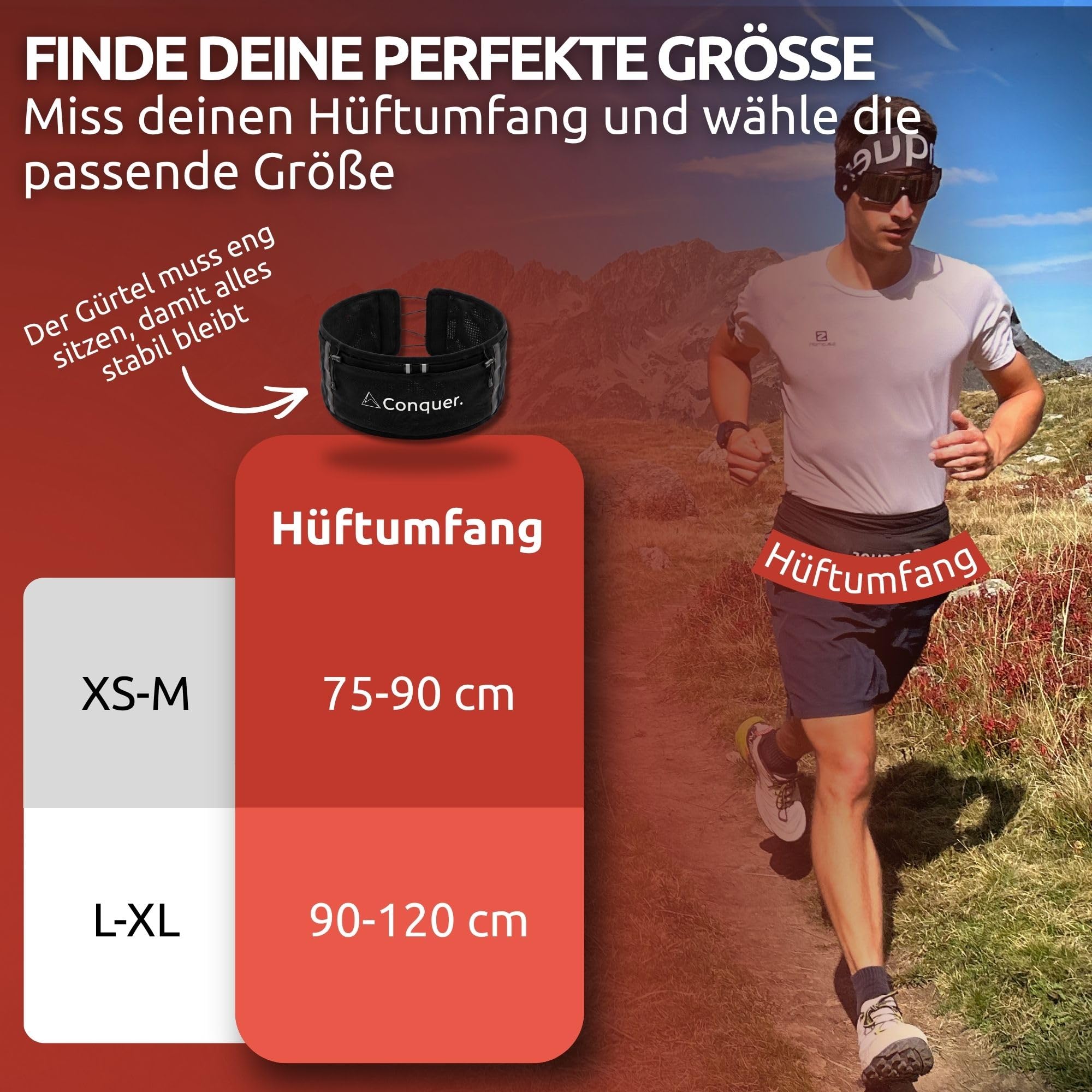 Conquer Laufgürtel Damen & Herren – Running Belt & Trinkgürtel Joggen mit Handy-Fach | Verstellbarer Laufgurt für Trinkflasche, ohne Schnalle – Kein Wackeln, kein Reinzwängen