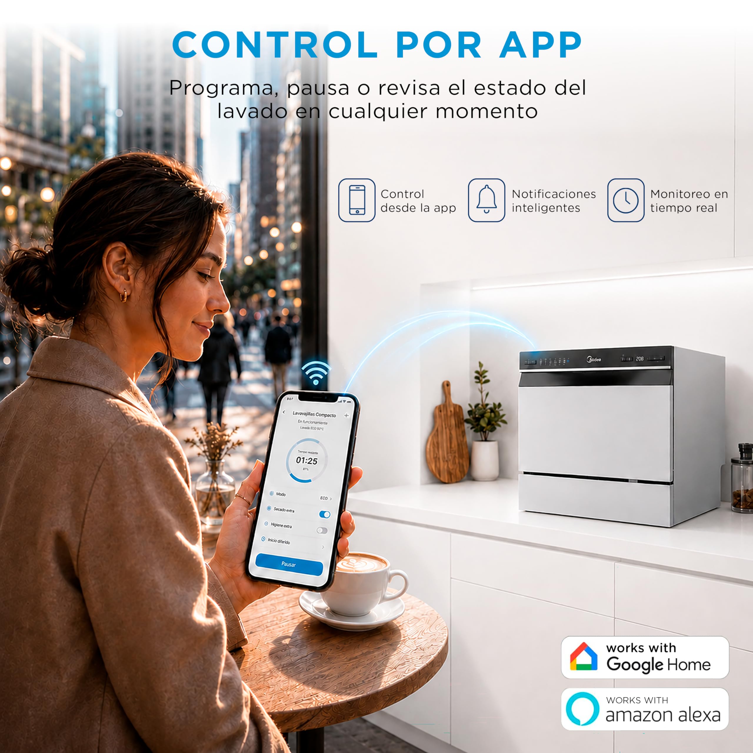 Midea Lavavajillas Pequeño Blanco 55cm de 6 servicios - Lavavajillas Compacto y Portatil sin Instalación - Lavaplatos con App Control, 6 Programas, Modo ECO, Filtro Antibacterias, Función Secado, 49db