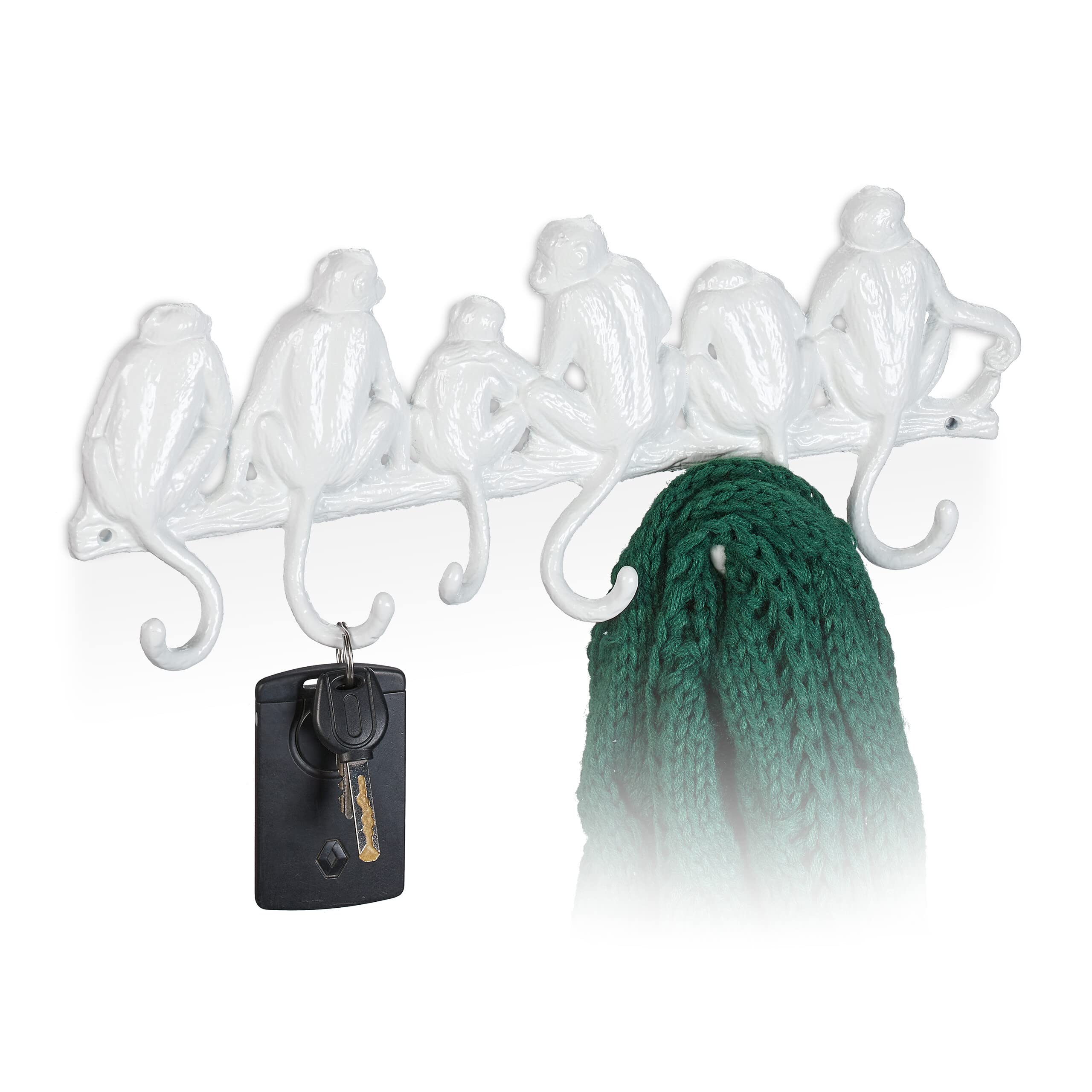 Relaxdays Wall-Mounted Coat Rack, Monkey Design, Cast Iron, 6 Hooks, Unusual Look, Key Hanger, 14.5 x 36.5 x 4 cm, White