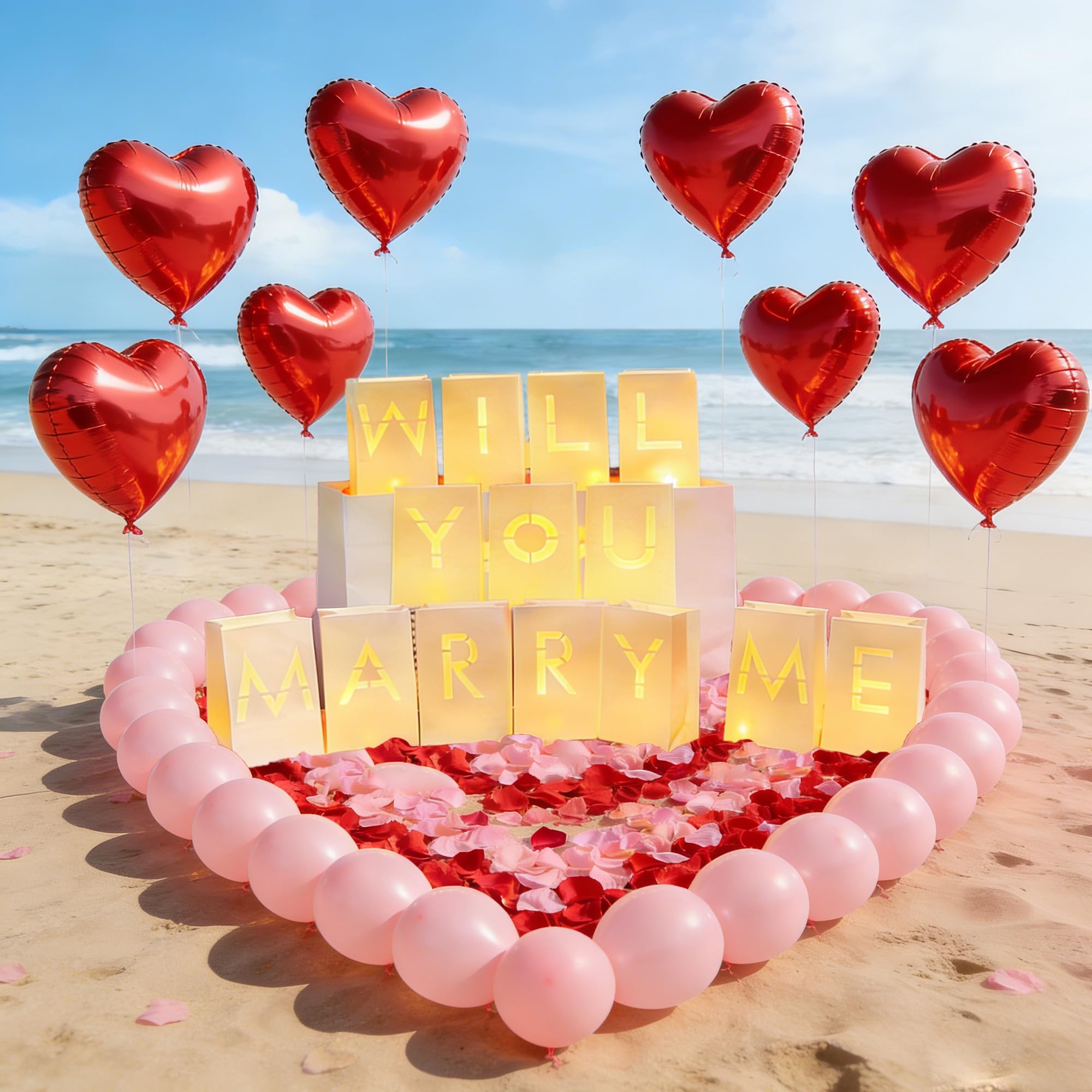 2074 Stück "Marry Me", leuchtende Buchstaben, Antragsdekorationen mit flammenlosen Kerzen, künstliche Rosenblätter, Latex-Aluminium-Luftballons für Valentinstag, Hochzeit, Antrag, romantische