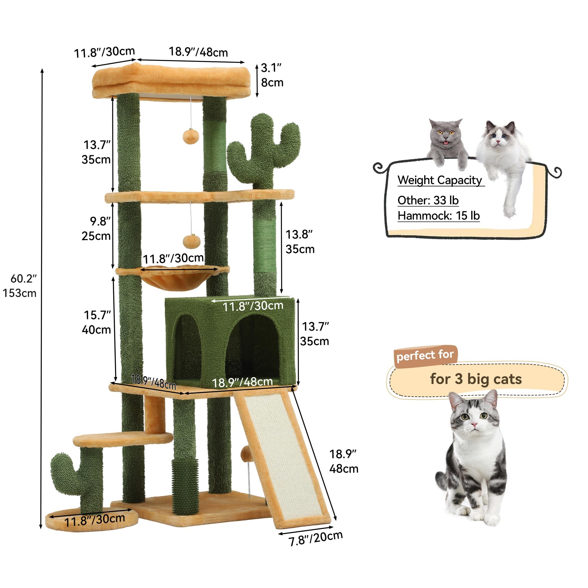 YITAHOME Gothic Cat Tree with Coffin Bed, 63" Tall Cat Tower for Indoor Cats with Top Perch, Spacious Cat Condos, Spider Hanging Balls,Comfy Hammock, Scratching Post and Ladder, Black Halloween: Green & Yellow 60in