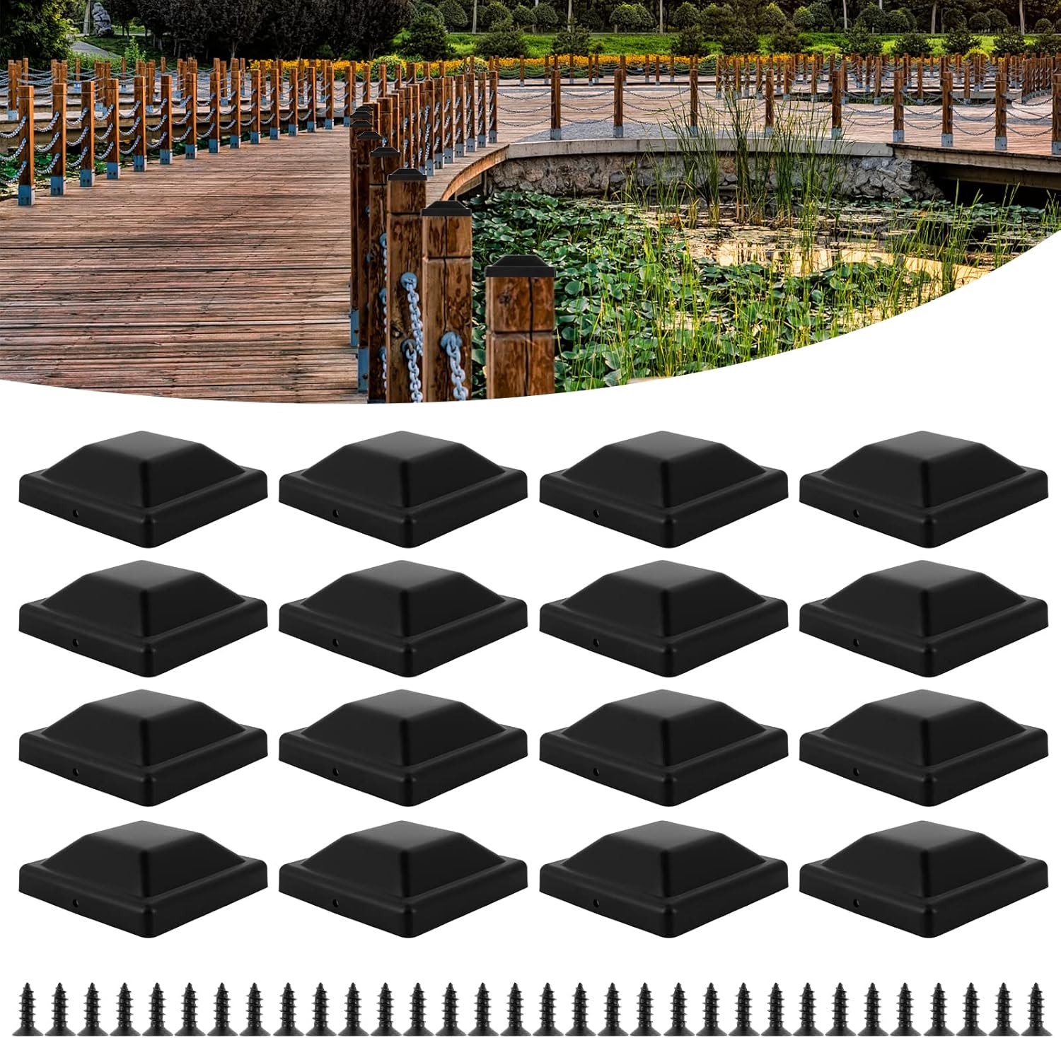 16Pcs Fence Post Caps Black Deck Post Caps 4x4 (3 5/8") with 32 Screws