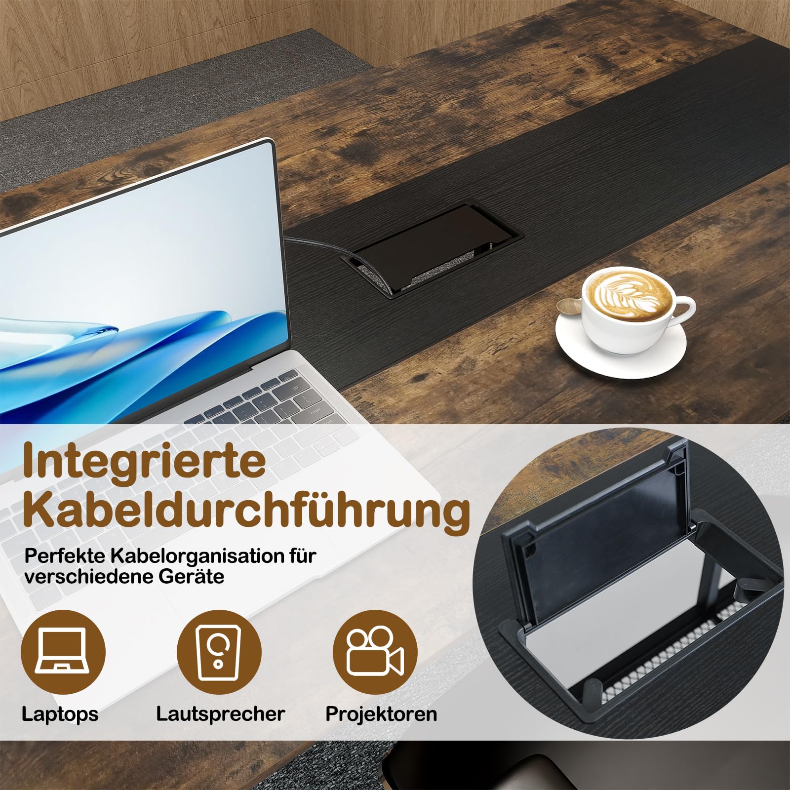 GYMAX Großer Konferenztisch 180 x 96 cm, Besprechungstisch für 6-8 Personen mit Kabeldurchlässen & Ablageregal, Meetingtisch für Geschäftstreffen, Konferenzraum & Büro
