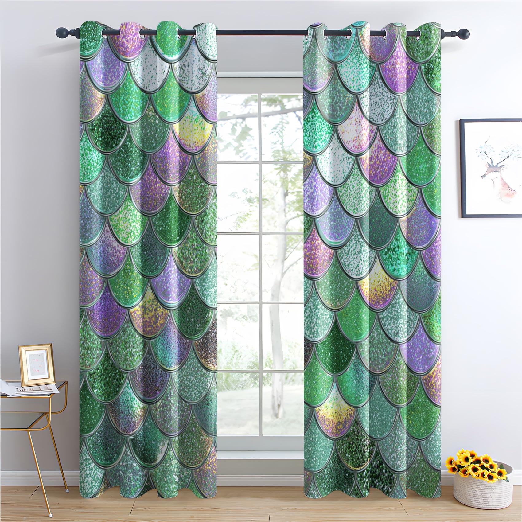 Venivici Mermaid Scales Blackout Curtains for Bedroom Living Room - 84 Inch Drop Curtains Eyelet, Girls Glitter Fish Scale Patterned Window Treatments, Thermal Insulated Drapes 52x84 2 Panels