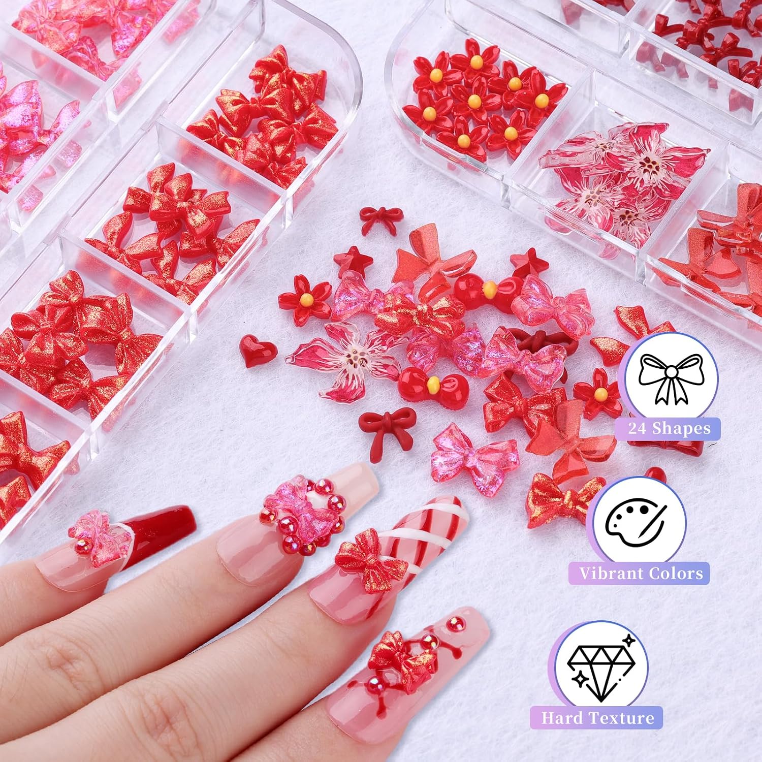 2 Boxes 3D Bow Nail Charms, Cute Small Bowknot Daisy Hibiscus Flower Nail Charms Resin Flatback Bow Heart Star Floral Nail Decorations for Women Nail Art DIY Craft (Red)