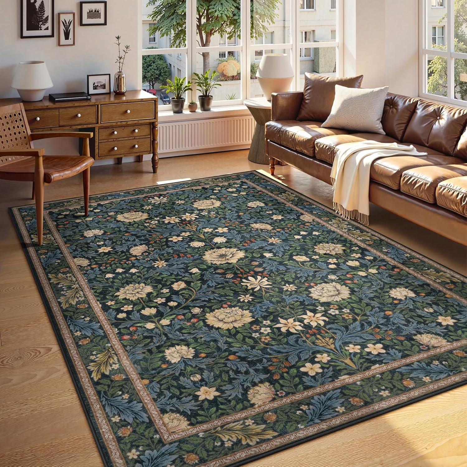 LIVEBOX Washable 5x7 Living Room Boho Area Rug, Soft Floral Rugs for Bedroom, Non Slip Thin Vintage Rug Botanical Stain Resistant Floor Retro Carpet for Dining Room Playroom Office, Dark Green/Black
