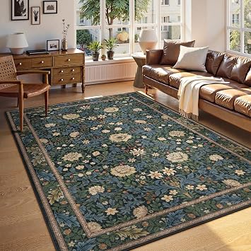 LIVEBOX Washable 5x7 Living Room Boho Area Rug, Soft Floral Rugs for Bedroom, Non Slip Thin Vintage Rug Botanical Stain Resistant Floor Retro Carpet for Dining Room Playroom Office, Dark Green/Black