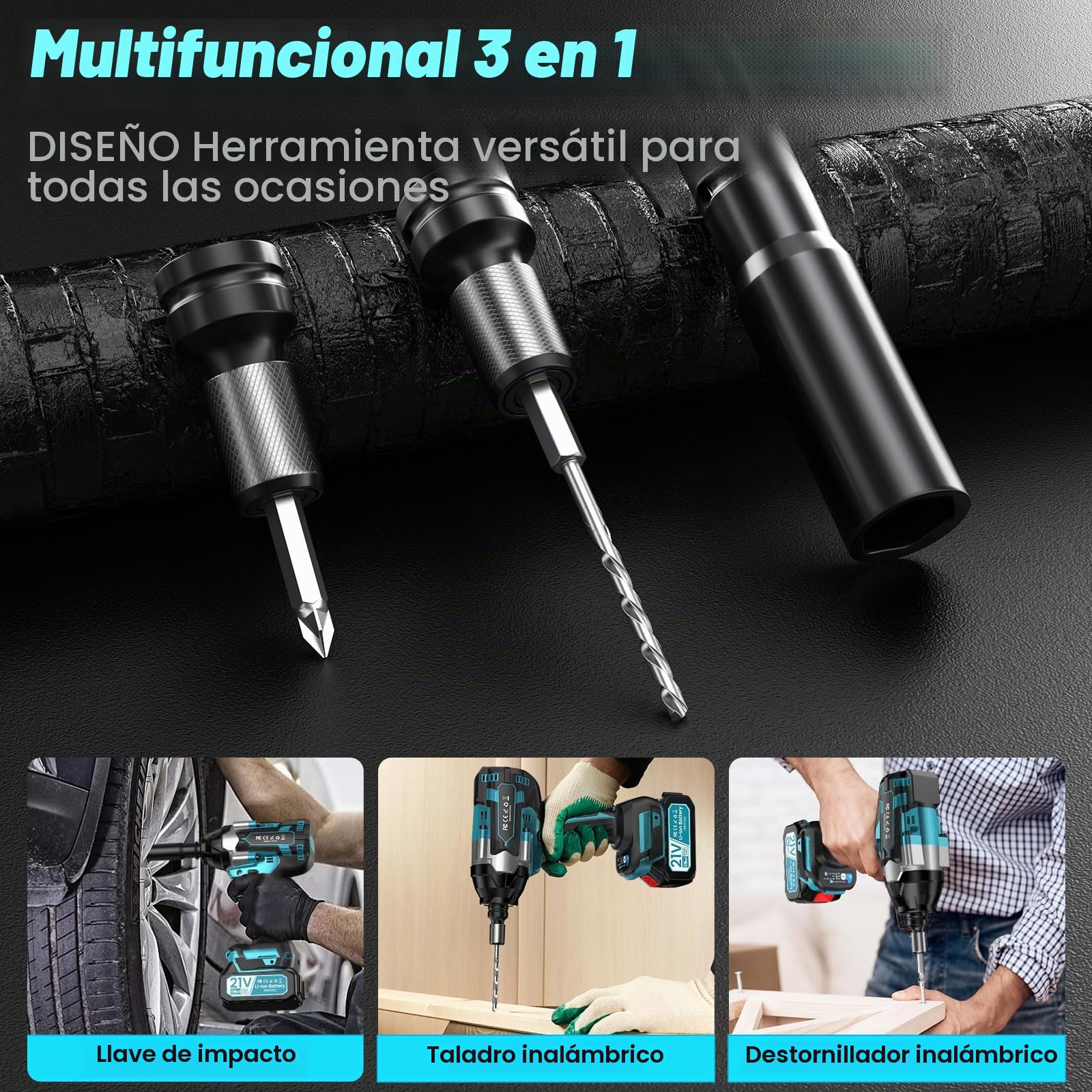 Pistola de Impacto a Batería 1000 Nm, Atornillador de Impacto de 2 Baterías de 4000 Mah, Motor Brushless, 4 Brocas, 4 Puntas de Destornillador para Coches, Camiones y Uso Doméstico.