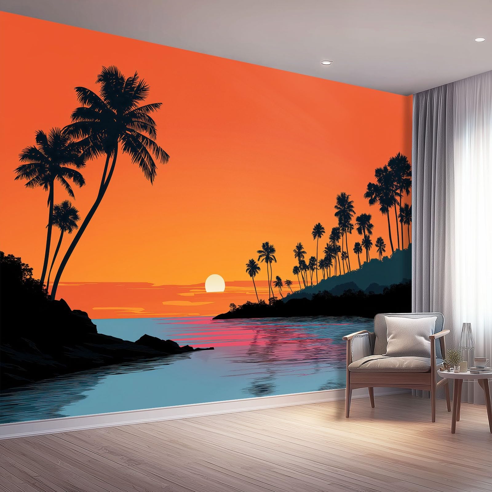 Papier peint tropical minimaliste coucher de soleil orange noir intissé salon 200x140 cm