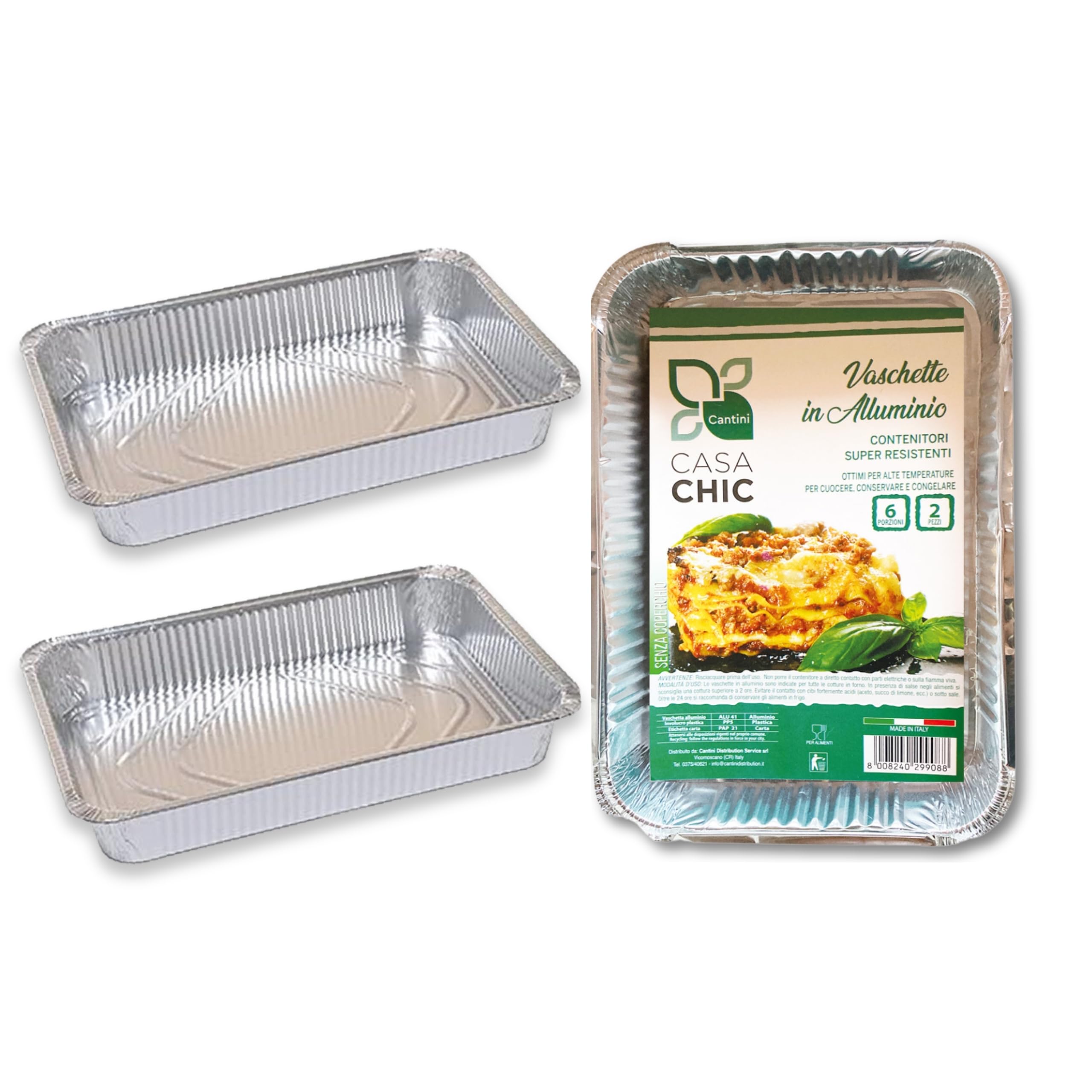 CasaChic Aluminium Rectangular Container Without Lid 6 Servings, 2 Pieces - Disposable Baking Trays for Food and Desserts (31 x 21 x 5 cm)