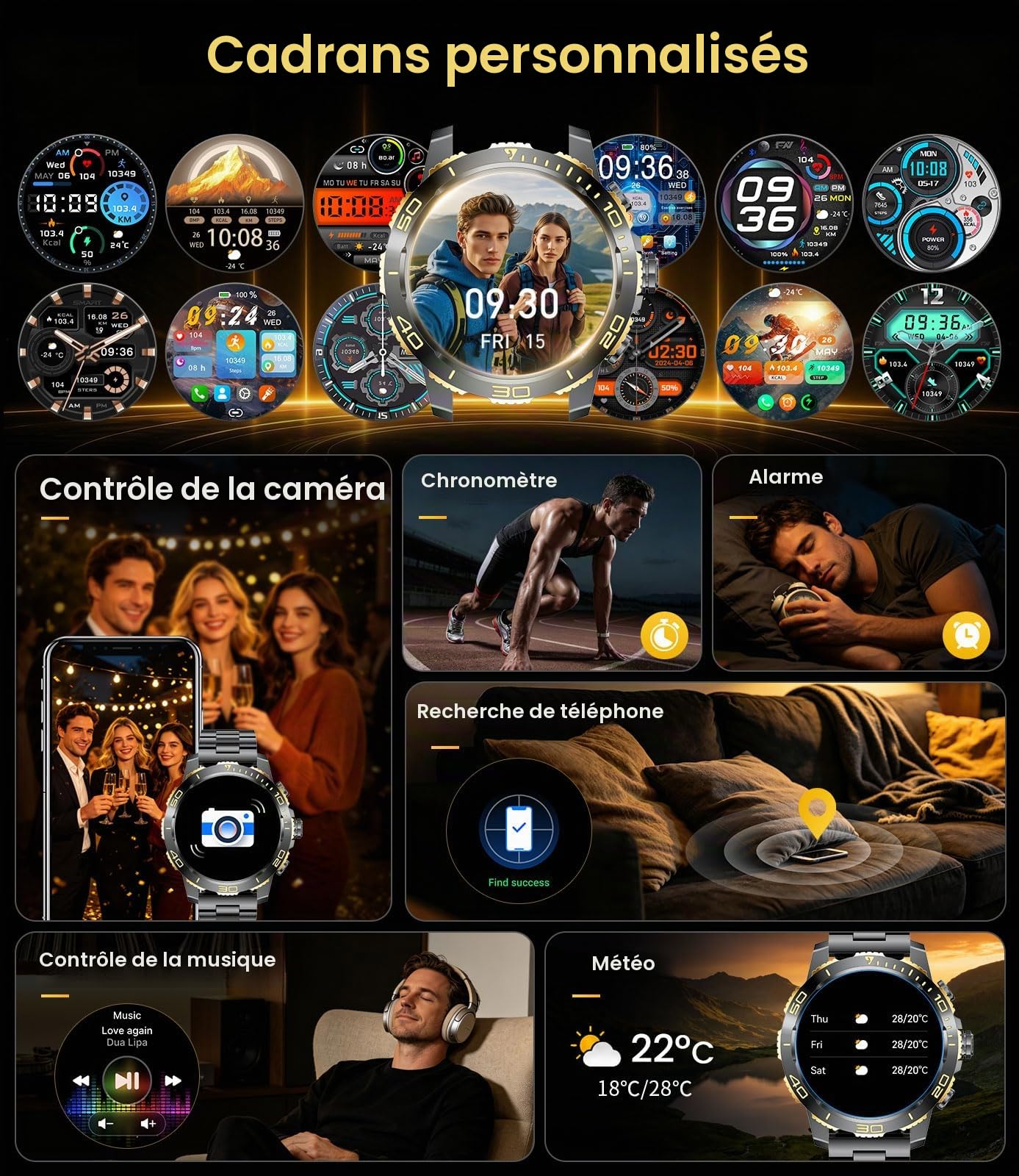 Montre Connectée Homme, Batterie 800mAh Smart Watch avec 1.43‘’ AMOLED Écran Appels Bluetooth, 200 Modes Sportifs, IP68 Étanche, LED Lampe, Cardiofréquence, Sommeil, iOS Android Noir