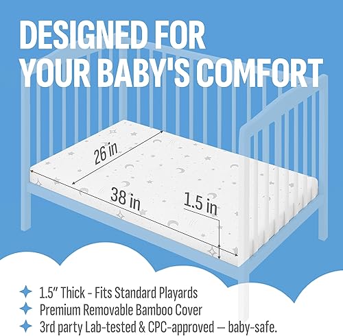 Miniatura 2 de Pack n Play Colchones (38 x 26 x 1.5 pulgadas), funda de bambú, transpirable, % 100 impermeable, no tóxico, lavable, espuma viscoelástica de gel de