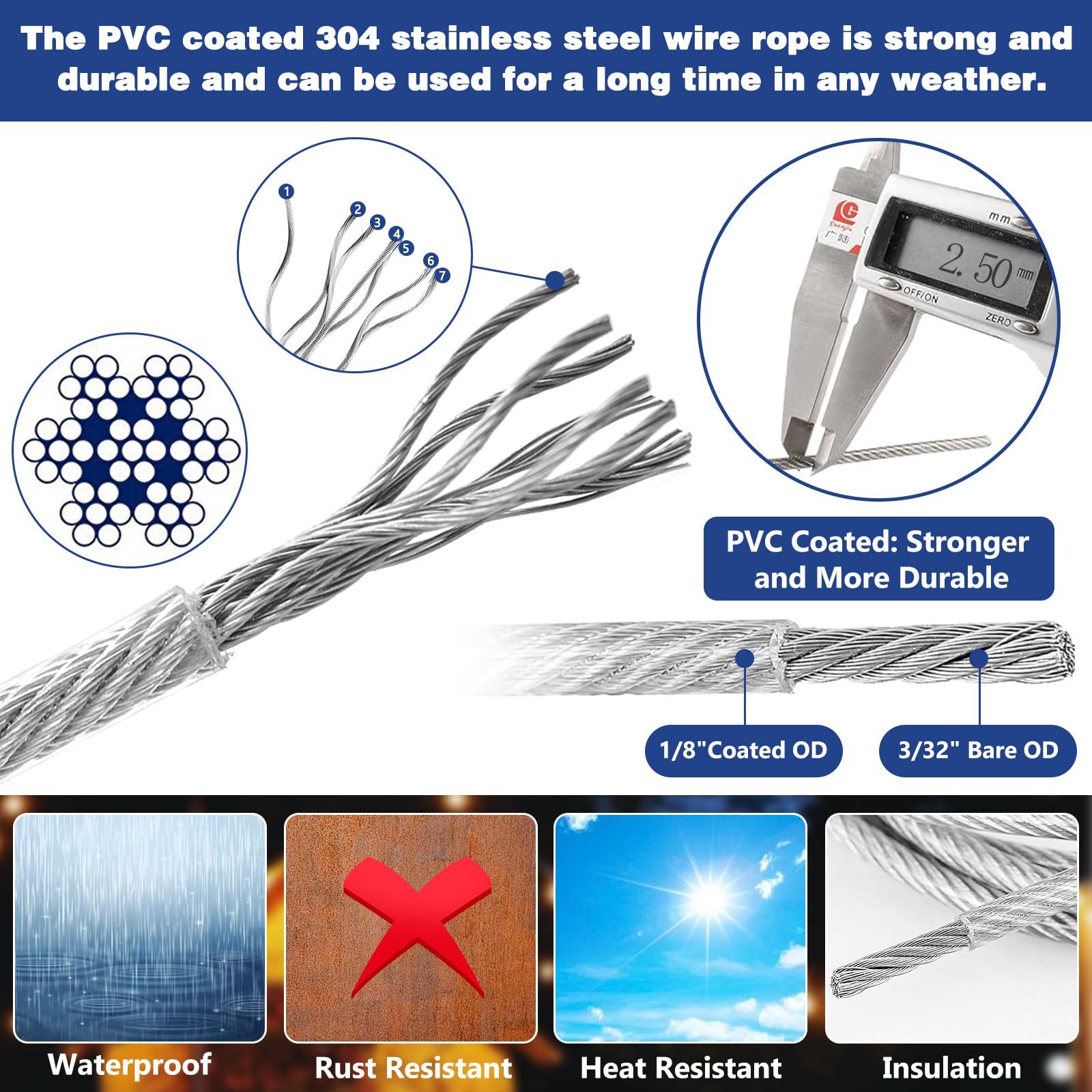 Cable de Acero Inoxidable recubierto de PVC 2,5mm 45M con Tensor Ojales