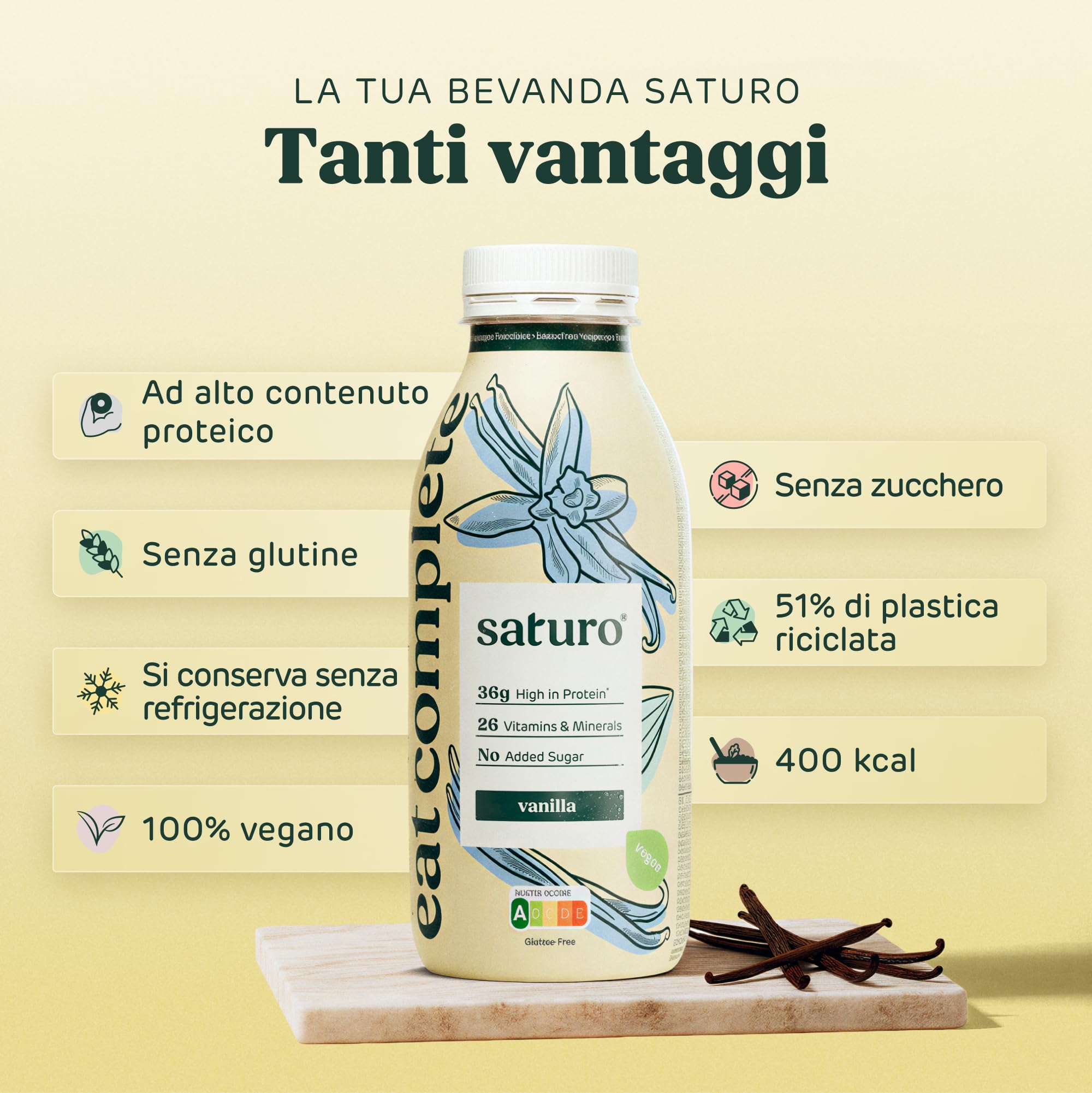 Saturo Pasto Sostitutivo Frullato Gusto Vanilla | 36 g di proteine & senza zucchero | 400 kcal | Vegano | Pasto Bevibile con Nutrienti Essenziali | Vaniglia | 6 x 400 ml