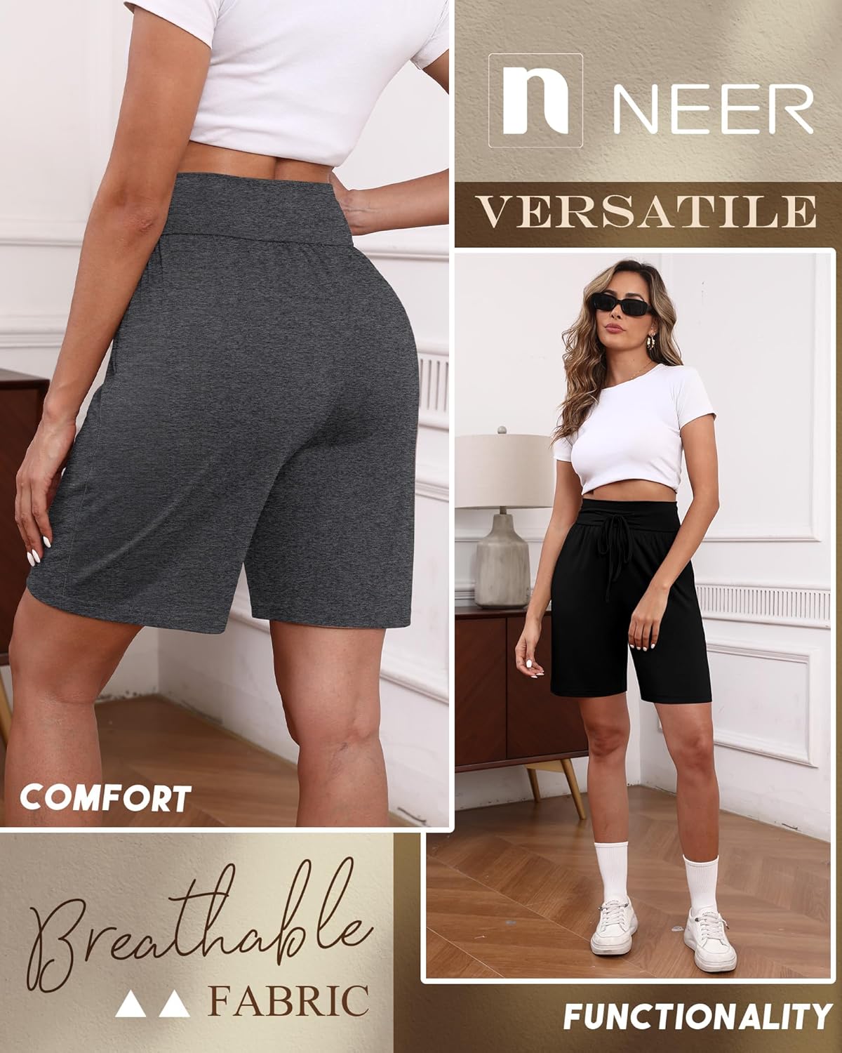 Neer 3 Pack Women's Bermuda Shorts, Knee Length Wide High Waisted Drawstring Casual Athletic Shorts with Pockets - Image 3