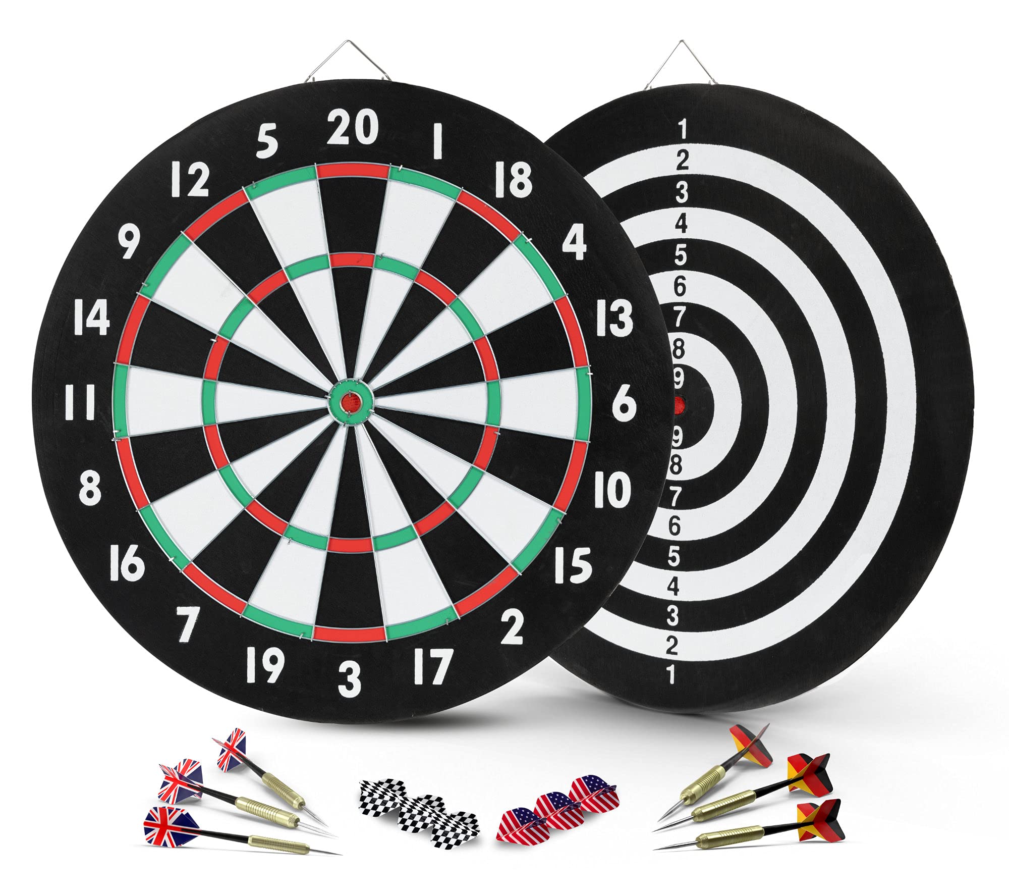 Stagecaptain DBP-1810 BullsEye Bersaglio da Freccette in Carta con 6 Freccette e 4 Set di Flights - Bersaglio Steeldart Doppia Faccia per Principianti in Paper Board