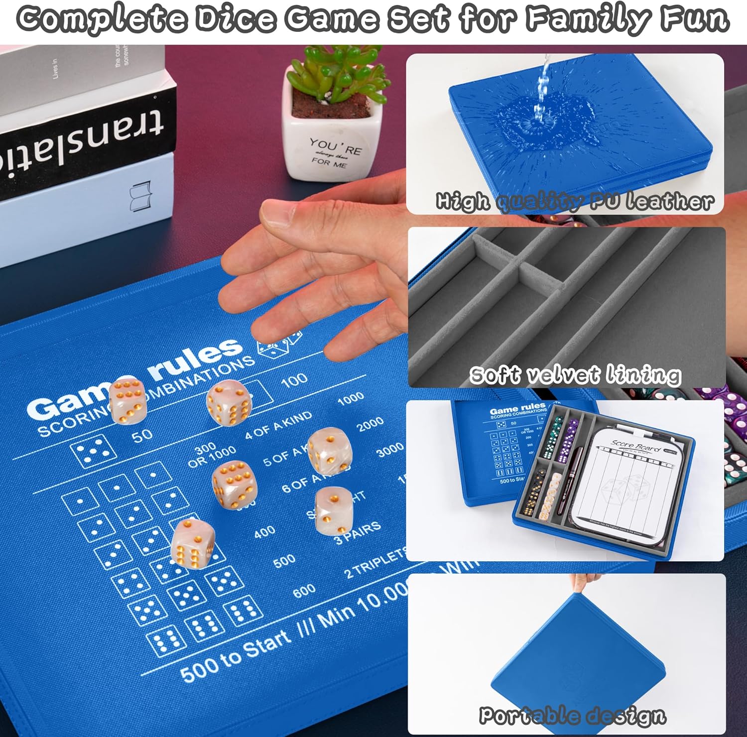 Dice Tray and Storage Case for Farkle Game - Includes Embedded Scoring Combinations, 4 Sets of 6 Pearl Dice, 50 Sheet Score Pad and Pen Holder for The Classic Family Game - Blue and Grey