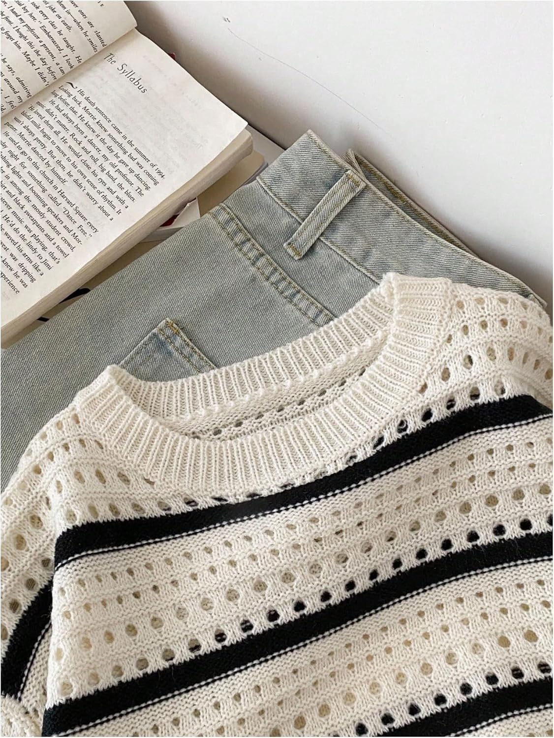 SHENHE Girl's Striped Sweater Hollow Out Crew Neck Loose Knit Crop Top Sweater Pullover - Image 5