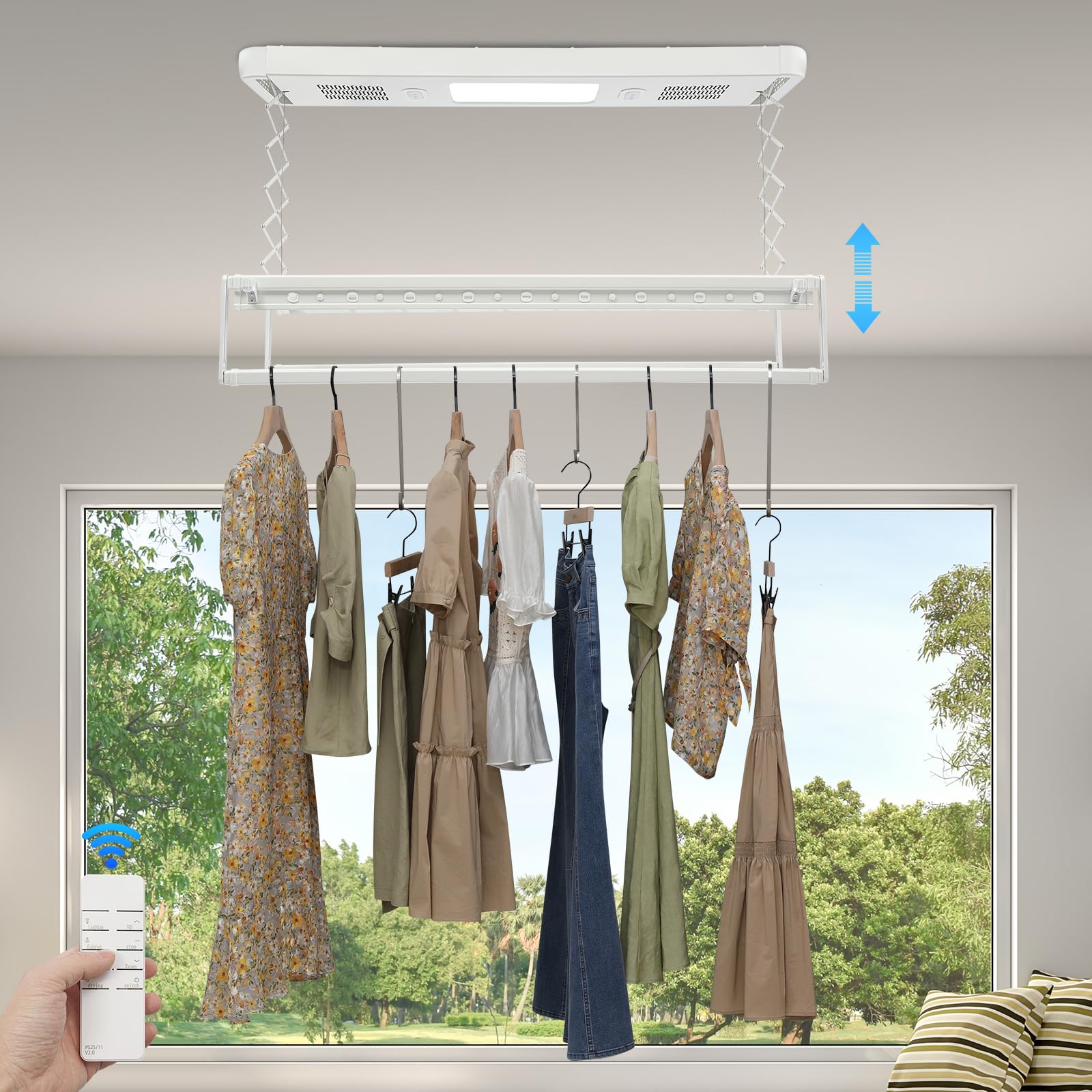 Séchoir à linge électrique pour montage au plafond, mural et au plafond avec ventilateur + télécommande + stérilisation à lumière bleue, étendoir à linge élévant, plafond, 130 à 215 cm, réglable