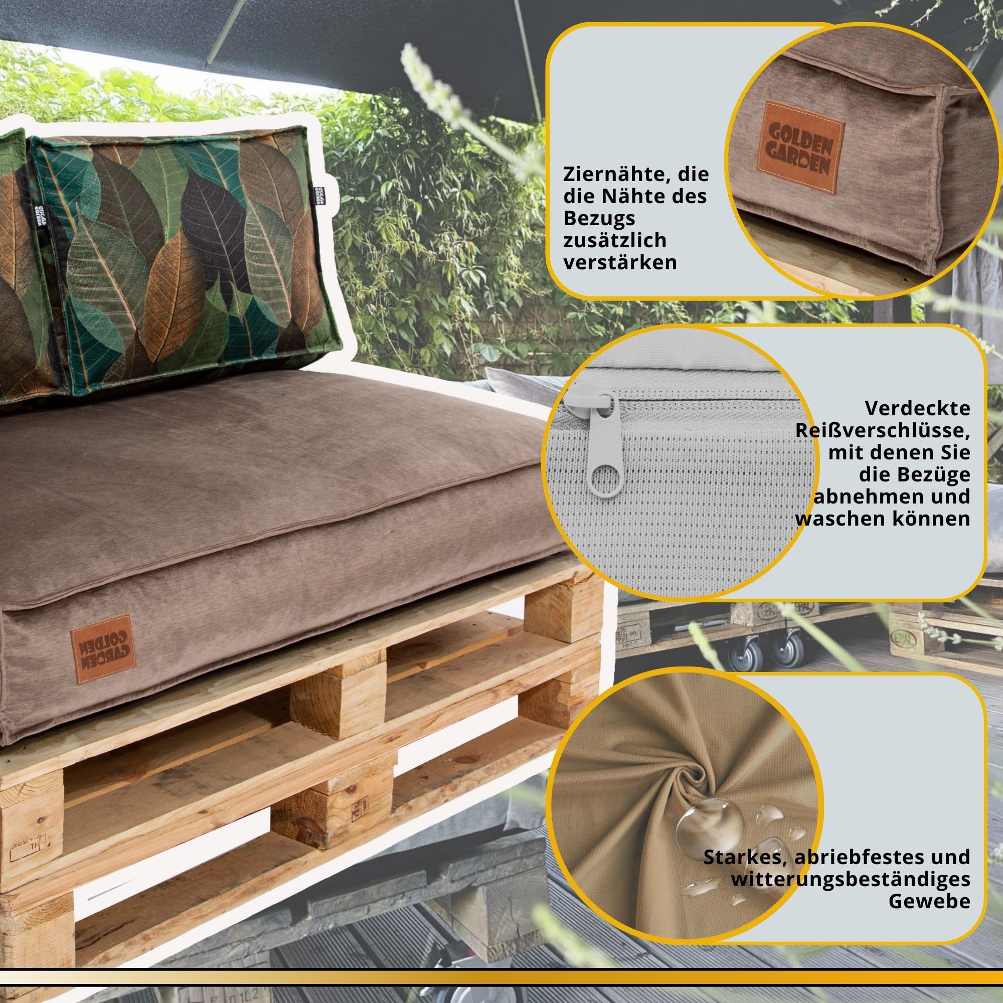 GoldenGroup Gartenset Kissen für Palettenmöbel Cappuccino & Blätter - Polsterstoff - Langlebiges und Wasserdichtes Material - Sitzkissen 120cm x 65cm x 15cm, Rückenkissen 120cm x 40cm x 10cm
