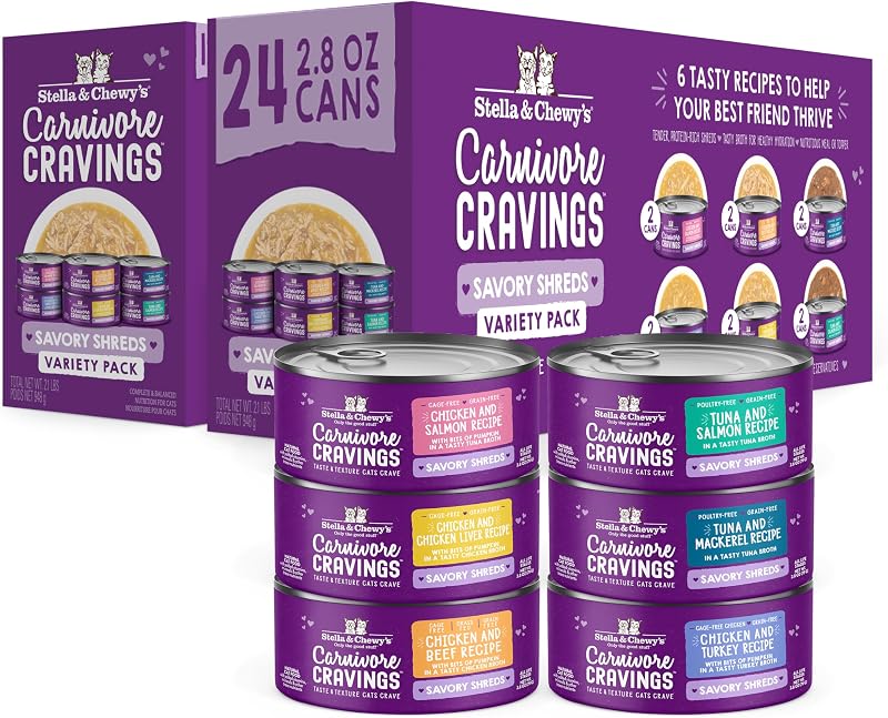 Ração úmida para gatos Stella & Chewy's Carnivore Cravings Savory Shreds com carne desfiada e alta umidade, pacote com 24 latas de 79 g