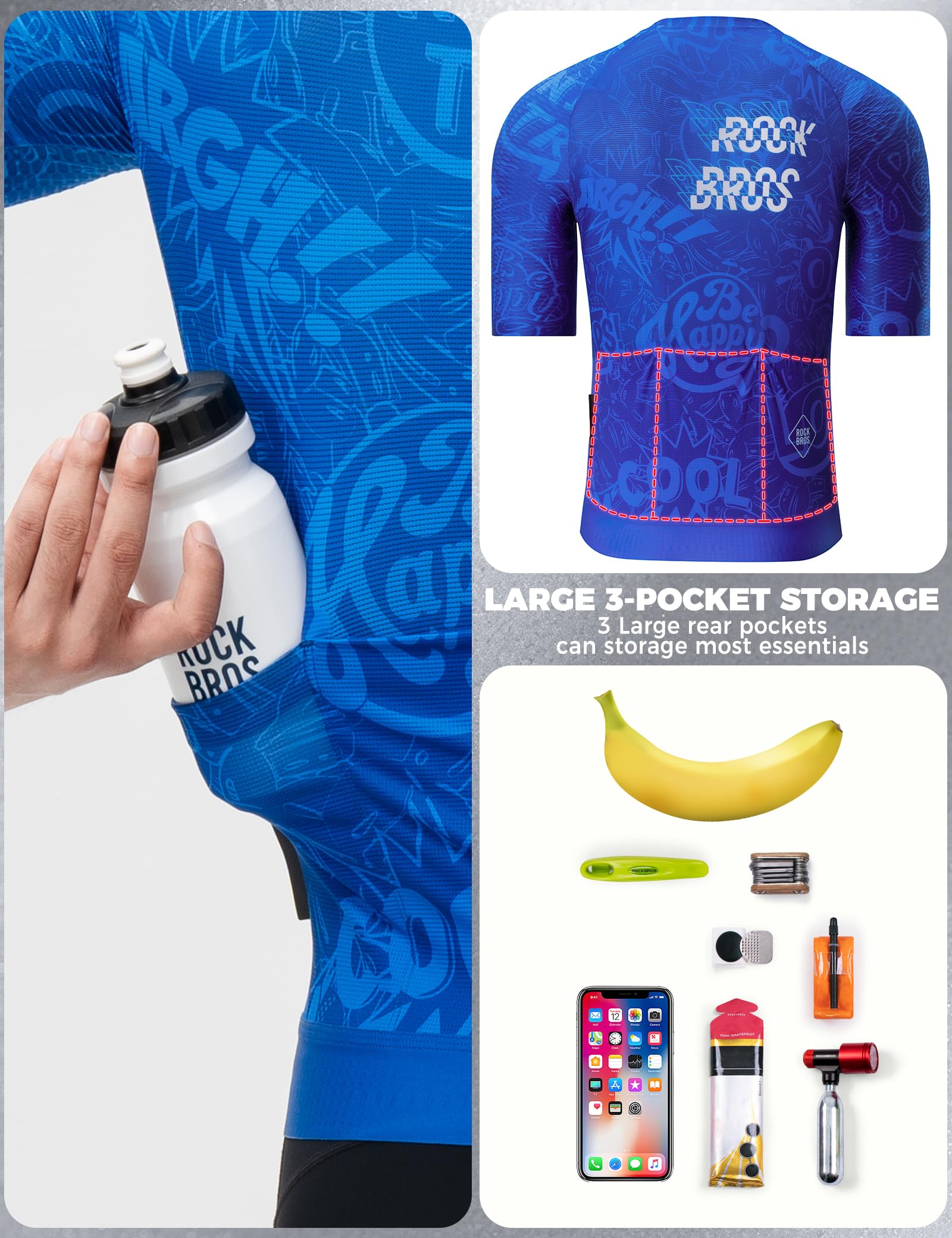 ROCKBROS Radtrikot Kurzarm Herren, Atmungsaktiv Fahrradtrikot | Schnell Trocknend Leichtes Elastisches Cycling Jersey mit 3 Taschen für Sommer Rennrad MTB Outdoor