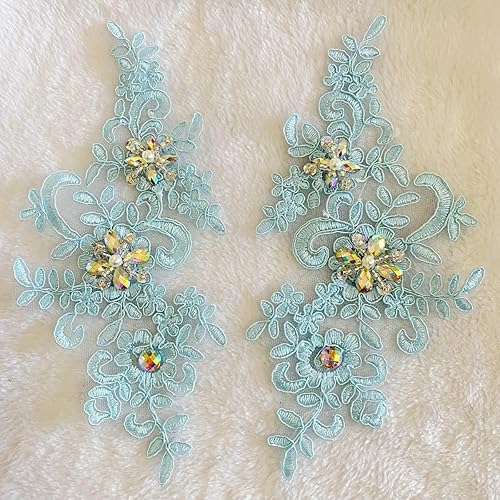 Miniatura 48 de Zbroh Parches de tela de encaje fino bordados con diamantes de imitación bordados, decoración de vestido para coser en lentejuelas cuentas, Azul
