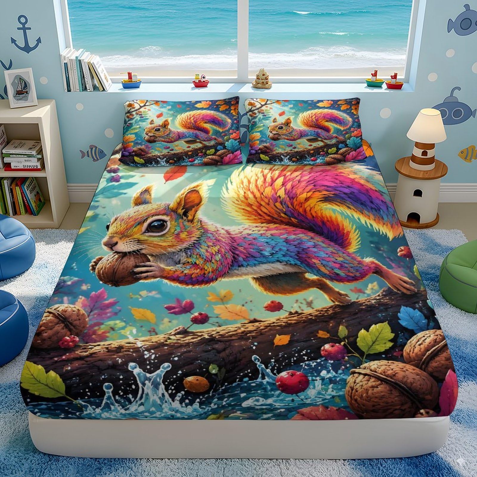Écureuil Forêt Drap Housse Motif 3D Microfibre Douce Anti-Froissement