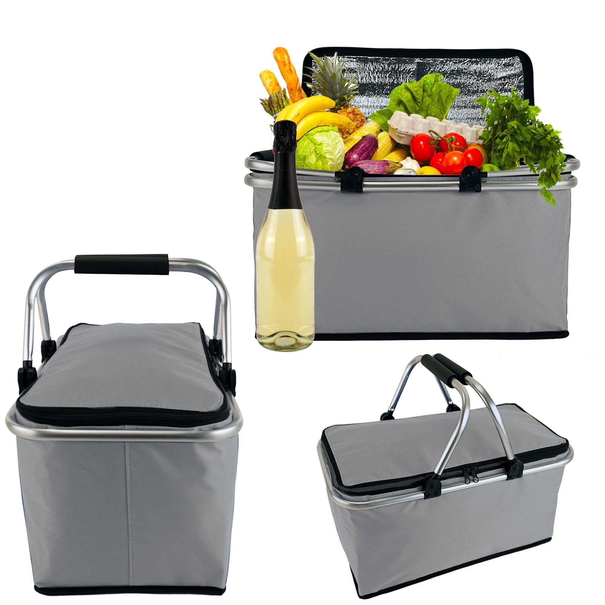 Cepewa Panier à provisions, pliable, avec fonction thermique, 30 l, sac isotherme, pour pique-nique, gris, avec fonction thermique