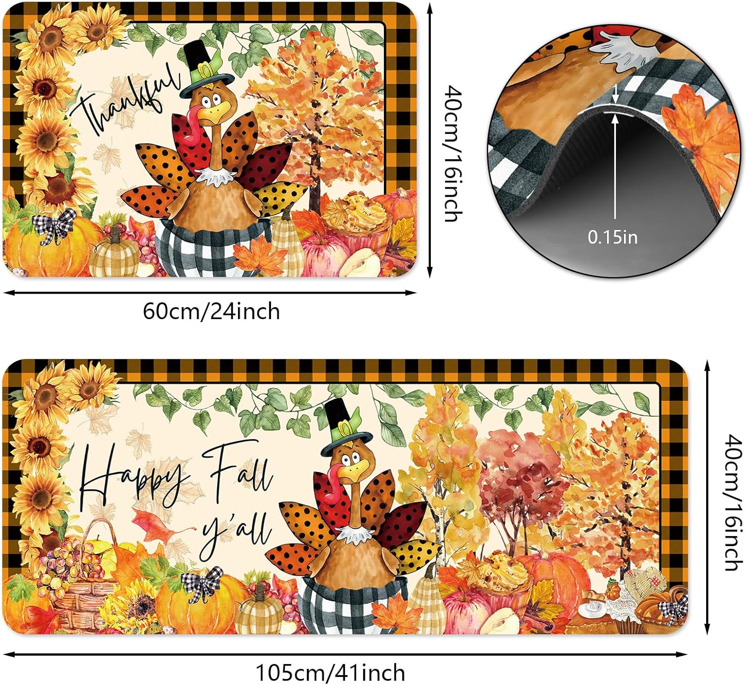 APROPHIC Thanksgiving Fall Kitchen Mat Buffalo Plaid Kitchen Rugs Sets of 2 Turkey Sunflower Pumpkin Runners for Decor Hallways, Sink, Laundry Room, Floor Carpet Non Slip Washable 16x24 + 16x41in