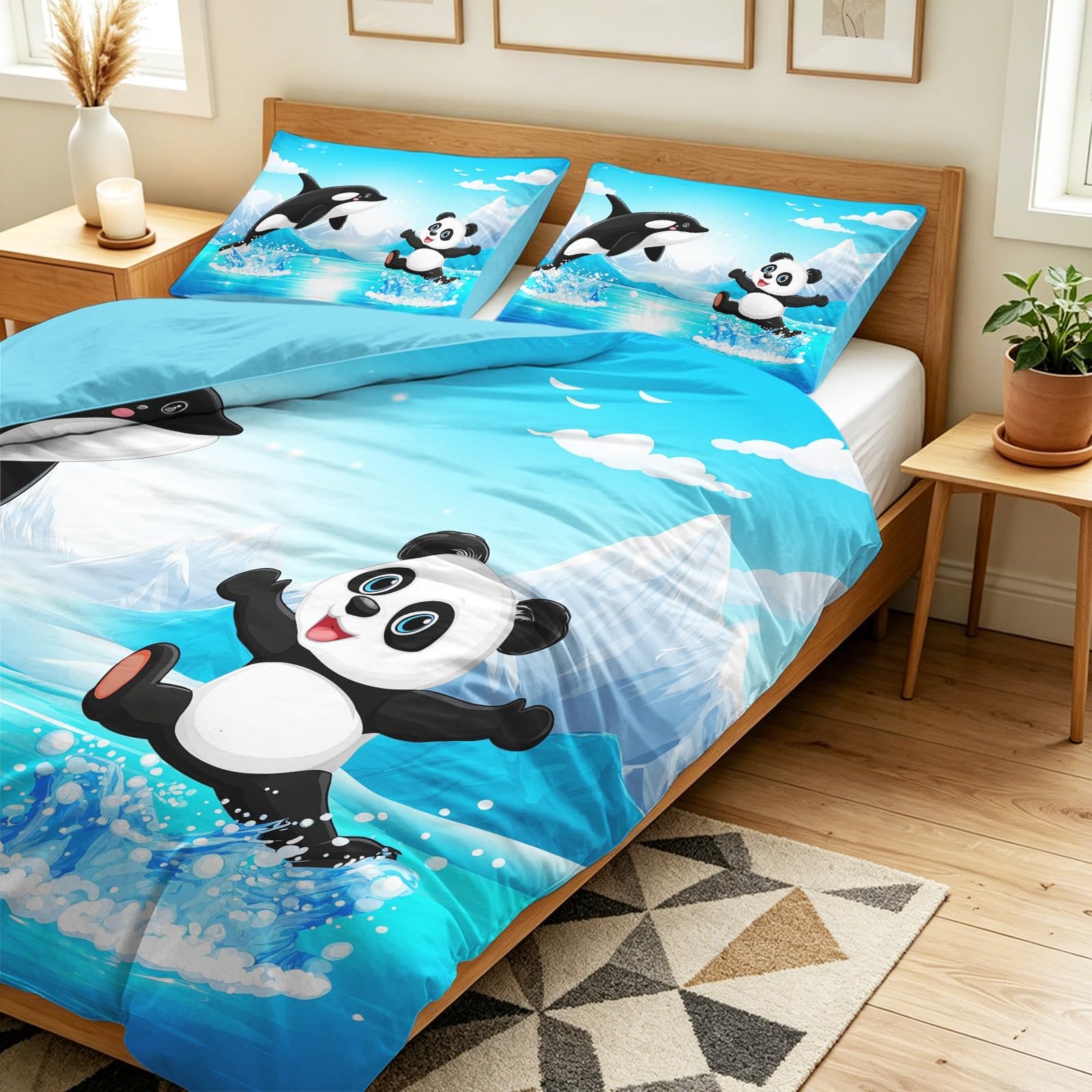 Generisch Cartoon Fun pościel 220 x 240 cm, przygoda, natura, krajobraz, panda, wieloryb, zestaw pościeli z mikrofibry, z zamkiem błyskawicznym, zawiera 1 poszewkę na kołdrę i 2 poszewki na poduszkę